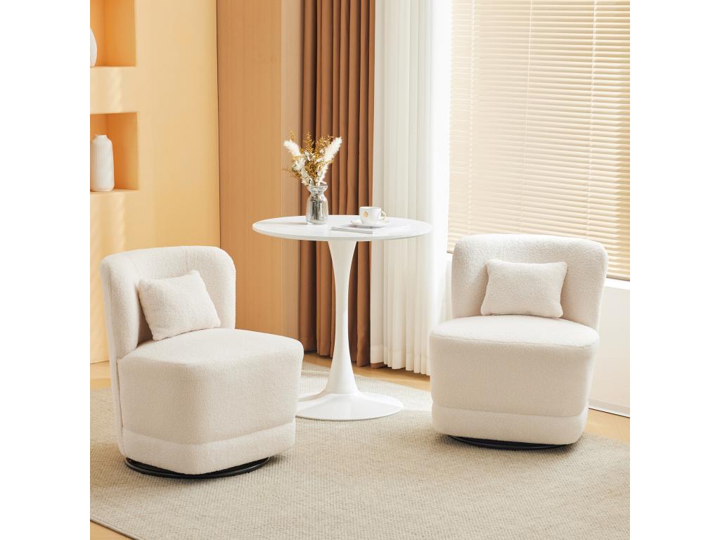 Sofá de 2 plazas, juego de 2 sillones giratorios 360° con cojín y respaldo - tejido de rizo francés - 58 x 63 x 72 cm - blanco