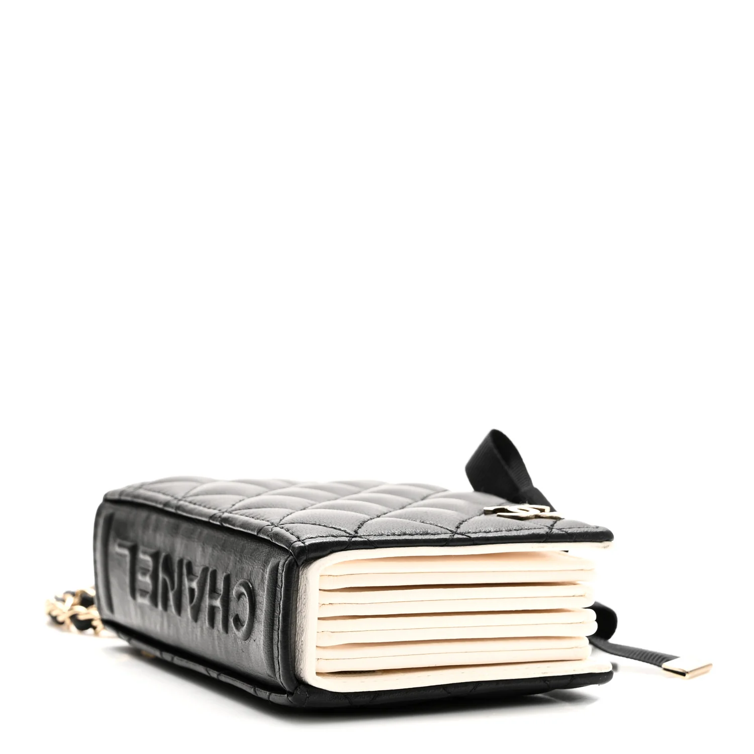 Lambskin Quilted Book Card Holder on Chain Black - Top Club