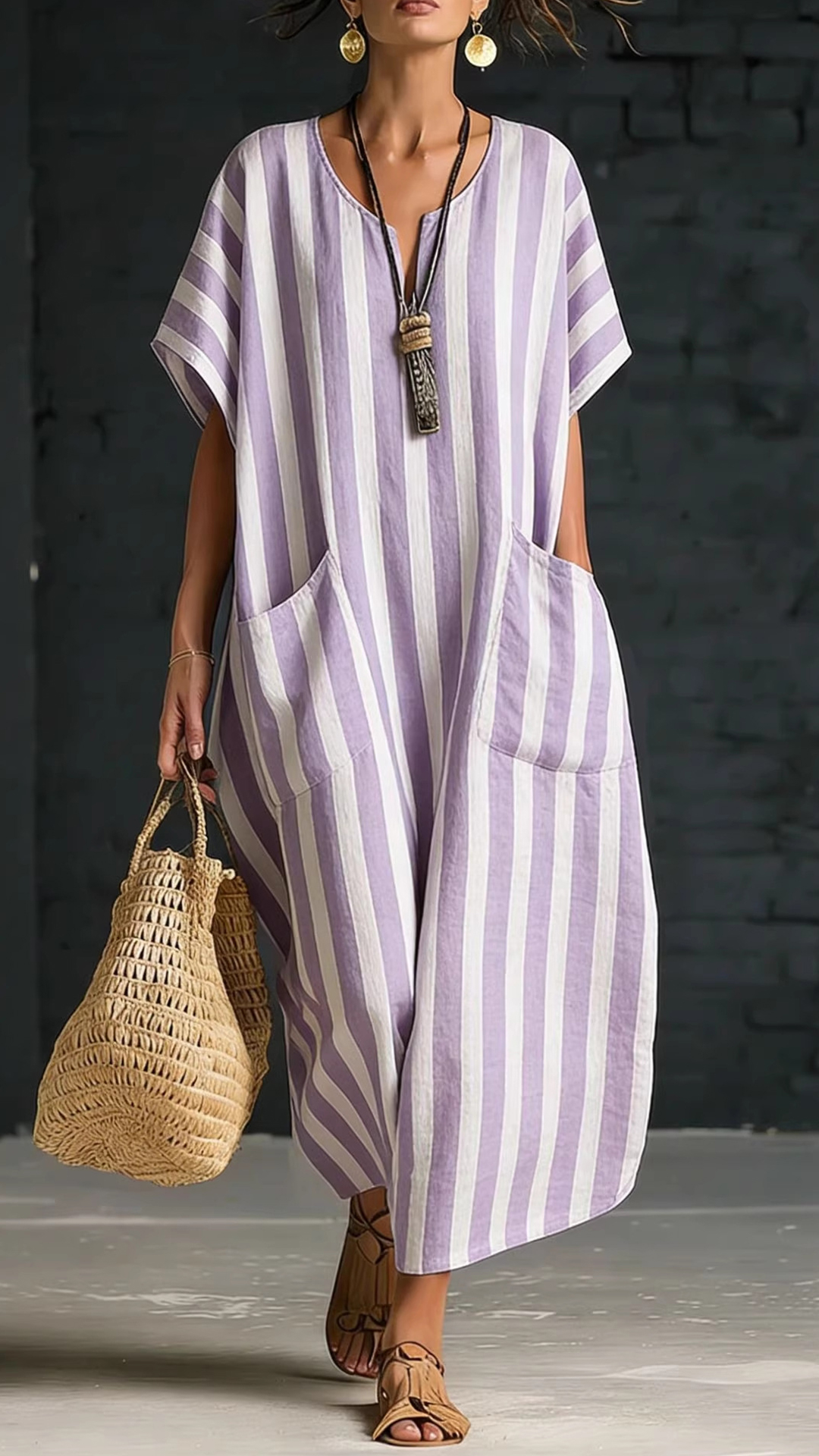 Women's Cotton-Blend Blue and White Vertical Striped Loose Dress - Nordfashionstorm - Women's Clothing, Fashion for You - Nordfashionstorm.com