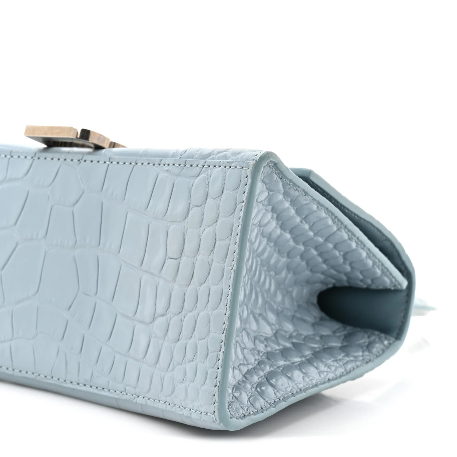 Shiny Calfskin Crocodile Embossed Small Hourglass Top Handle Bag Blue Grey - Top Club