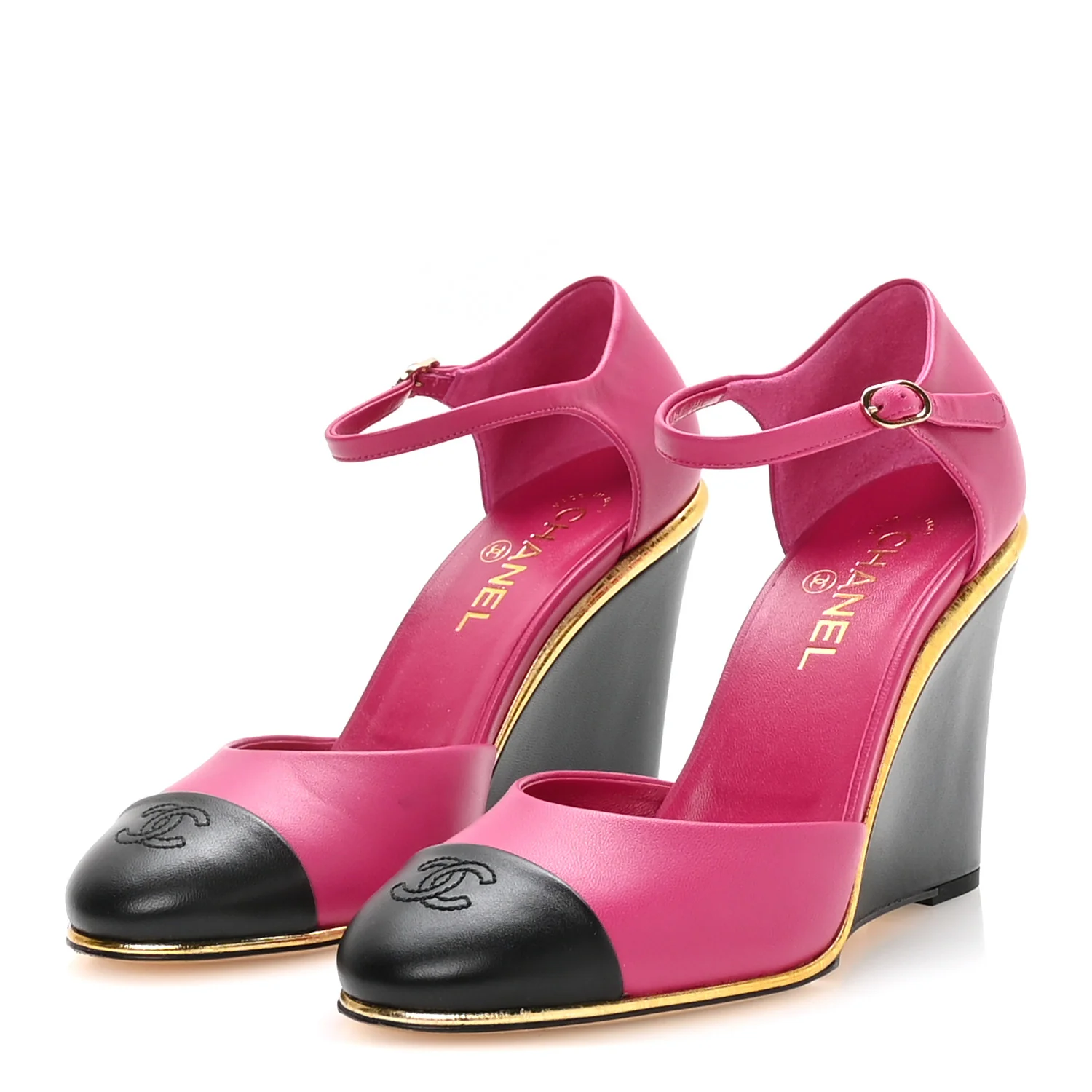 Lambskin Cap Toe Open Wedge Pumps 40 Fuchsia Black - Top Club