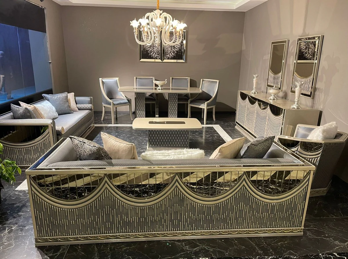 Luxury Art Deco Dining Room Set Light Blue / Cream / Gold - 1 Art Deco Dining Table & 6 Art Deco Dining Room Chairs - Dining Room Furniture - Art Deco Furniture - Luxury Furniture - Art Deco Furnishings