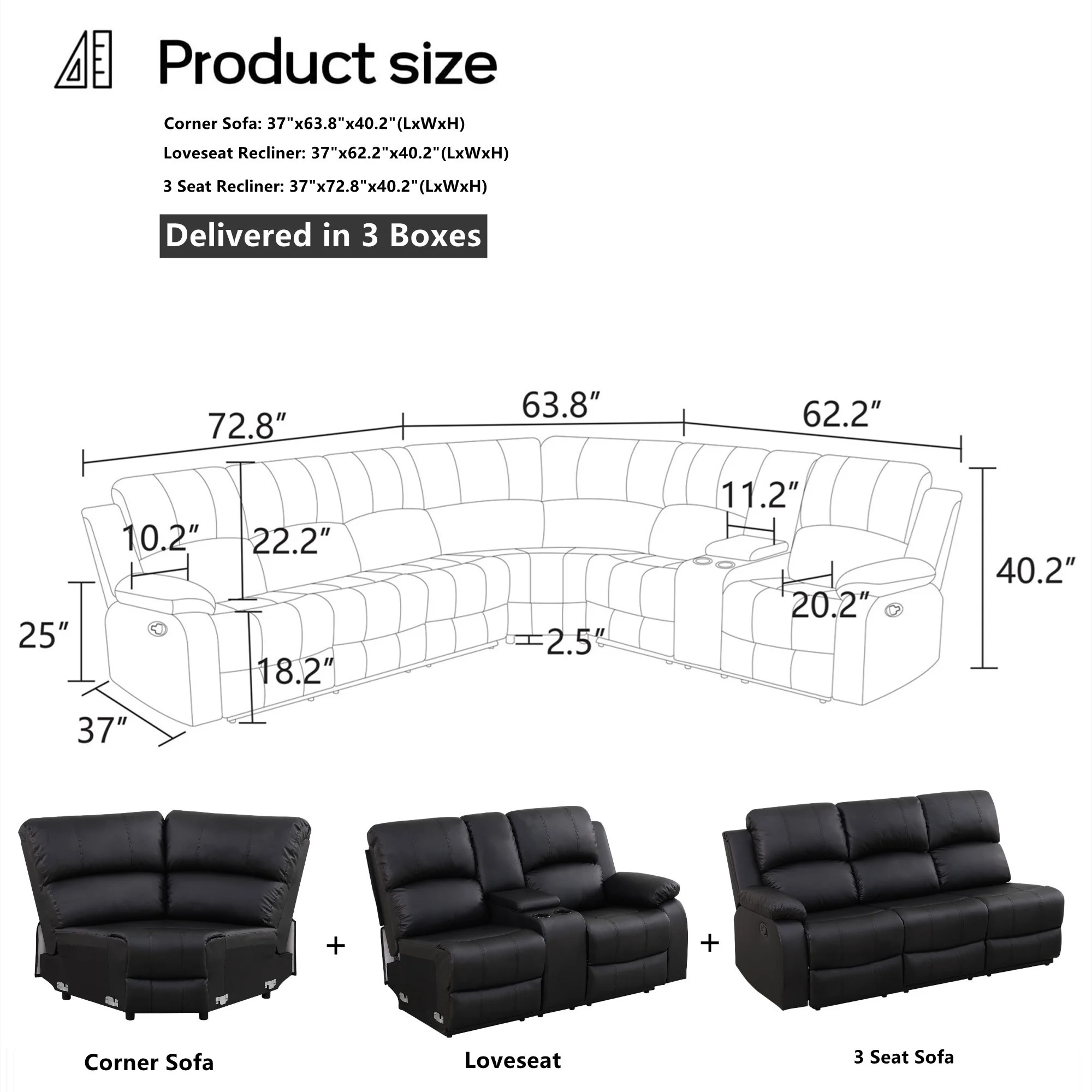 Aukfa 3 - Piece Recliner Sofa Set, 6 Seat Sectional Couch with Cup Holders&Storage Console, Gray