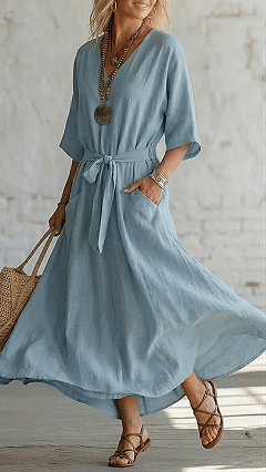 Women's Cotton-Blend V-Neck Waisted Midi Dress - Nordfashionstorm - Women's Clothing, Fashion for You - Nordfashionstorm.com