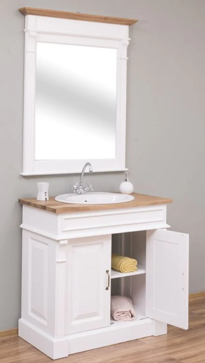 Country house style bathroom set white / natural colors - 1 washbasin & 1 wall mirror - solid wood bathroom furniture in country house style