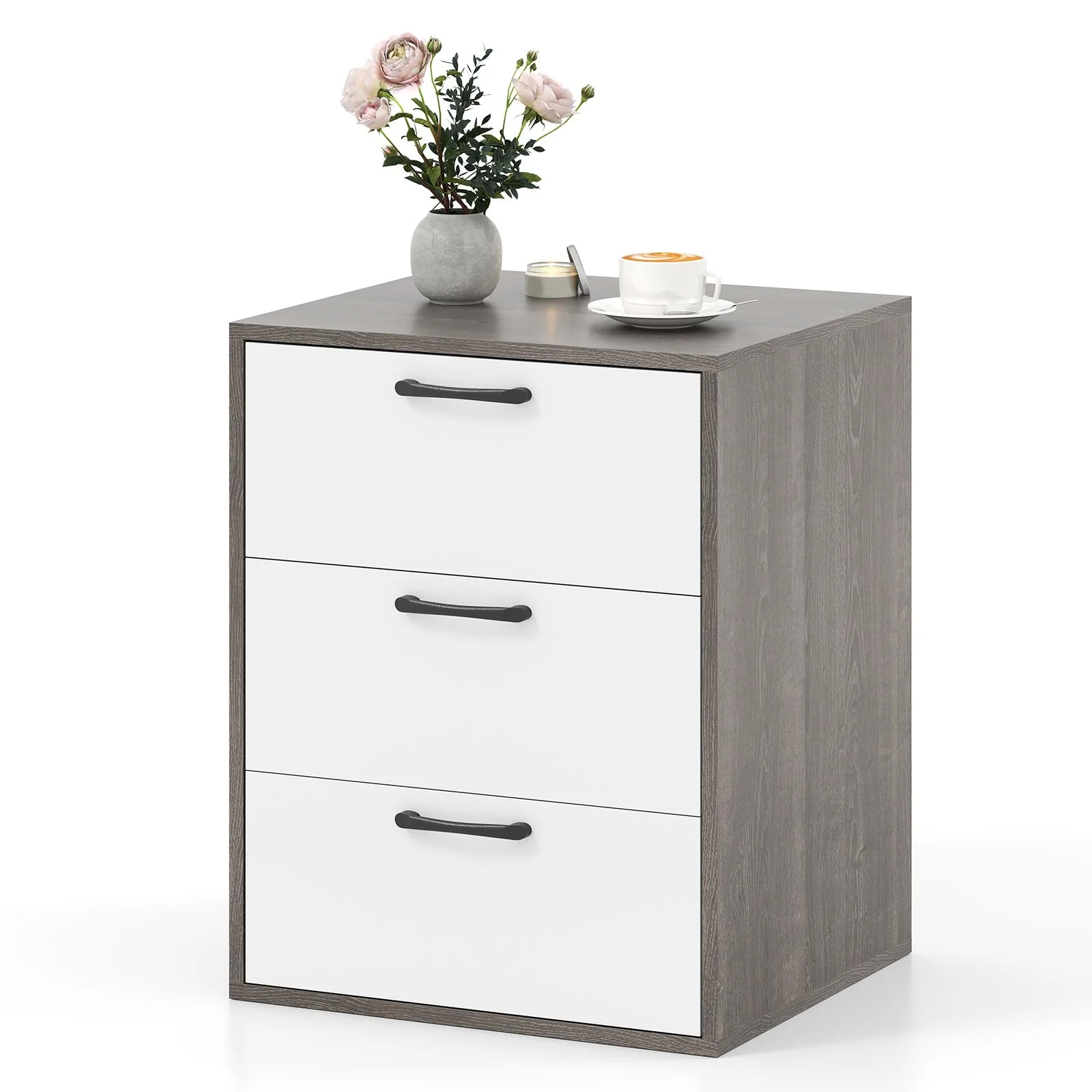 BEFOUNDLOVELY Nightstand with 3 Drawers(White & Grey)