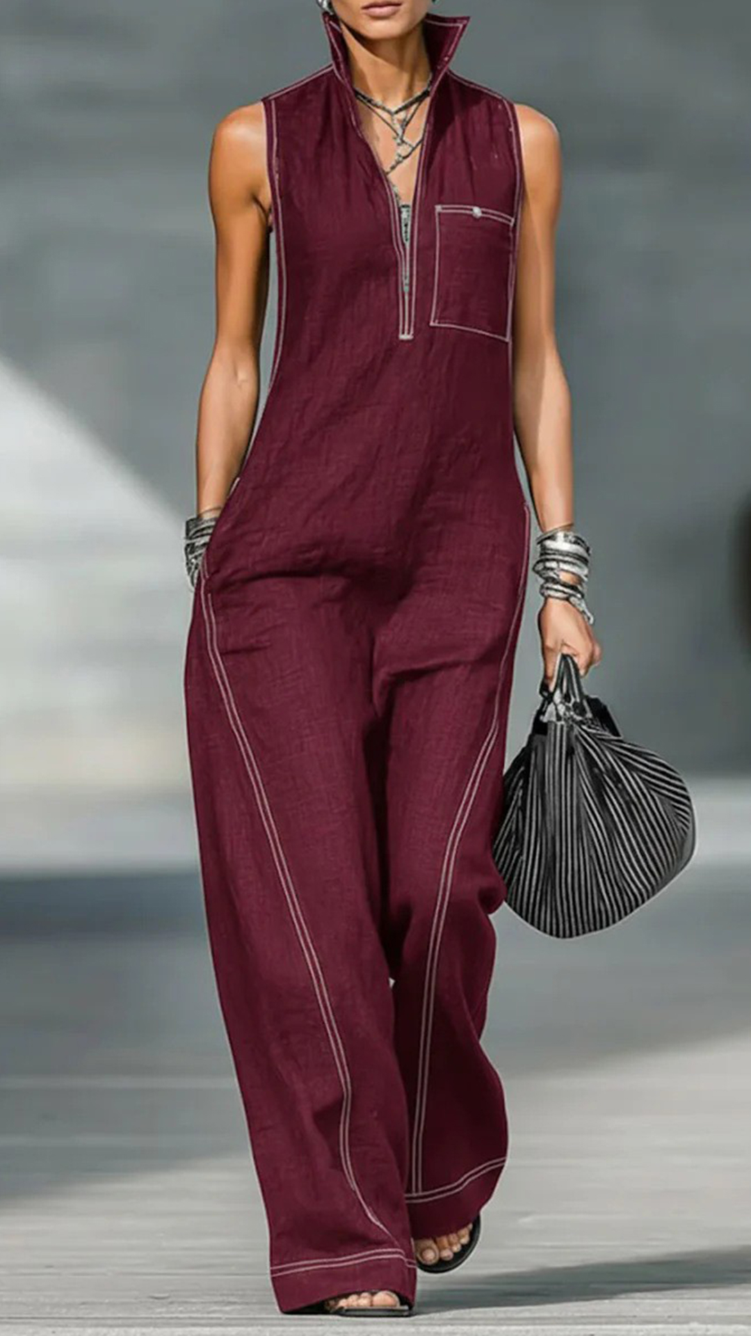 Women's Cotton-Blend Stitched Detail Sleeveless Wide-Leg Jumpsuit - Nordfashionstorm - Women's Clothing, Fashion for You - Nordfashionstorm.com