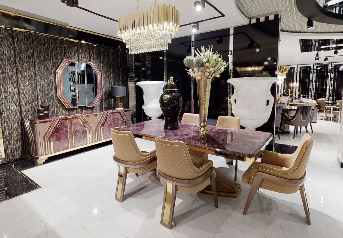Luxury Art Deco dining table purple / beige / gold - handmade solid wood kitchen table with marble look table top - Art Deco dining room furniture