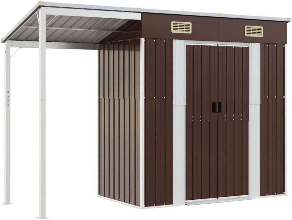 Capanno Giardino con Tetto Esteso, Casetta da Giardino in Metallo, Casetta Attrezzi da Giardino in Acciaio, Marrone 277x110,5x181cm