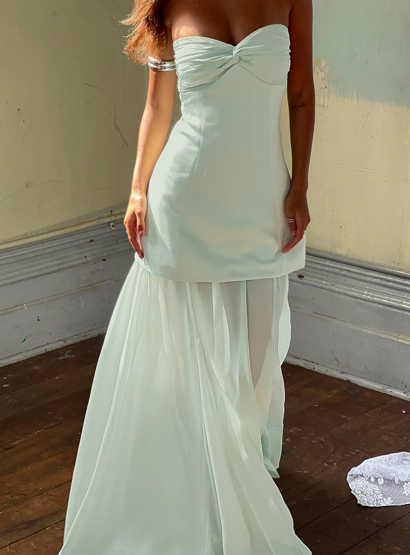 Flashy Sheer Chiffon Strapless Maxi Dress Green