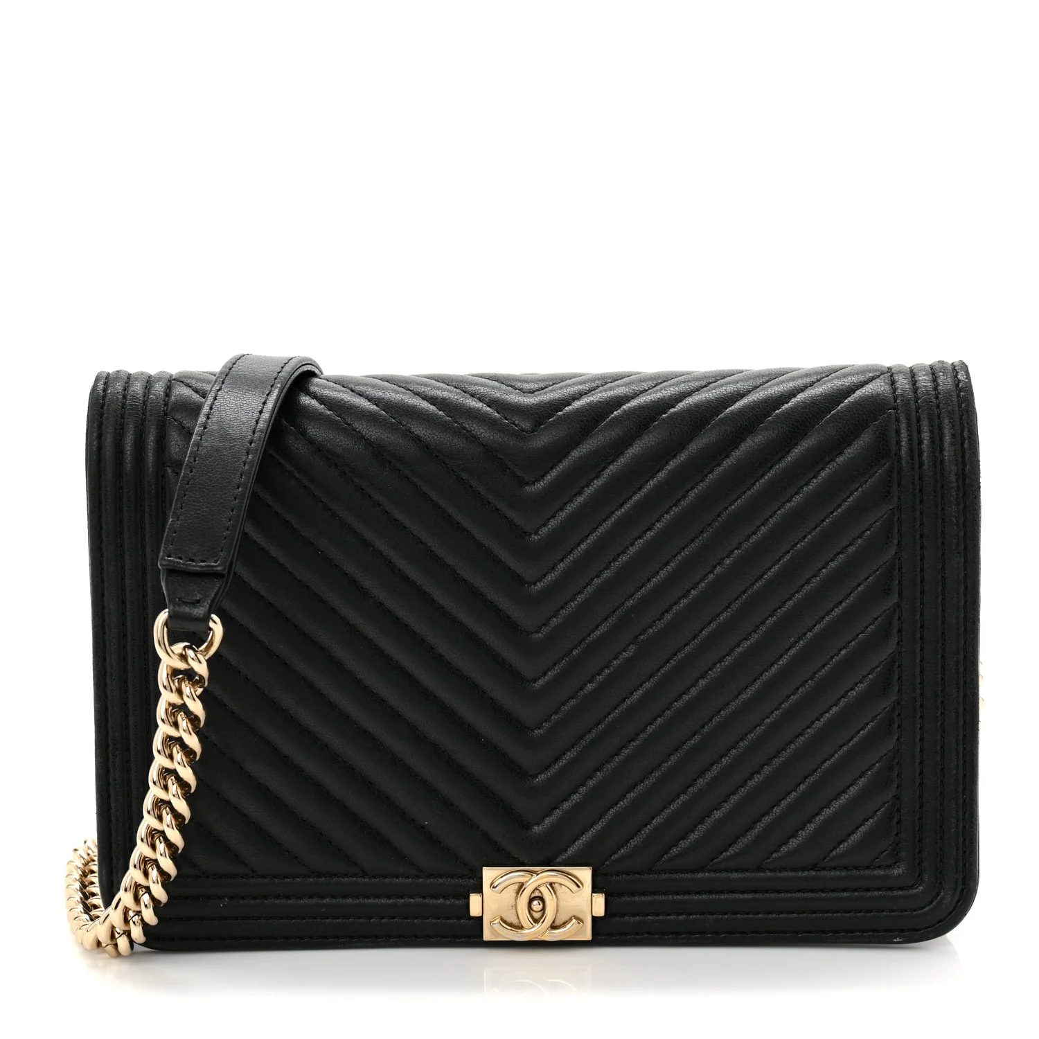 Lambskin Chevron Boy Wallet On Chain WOC Black - Top Club