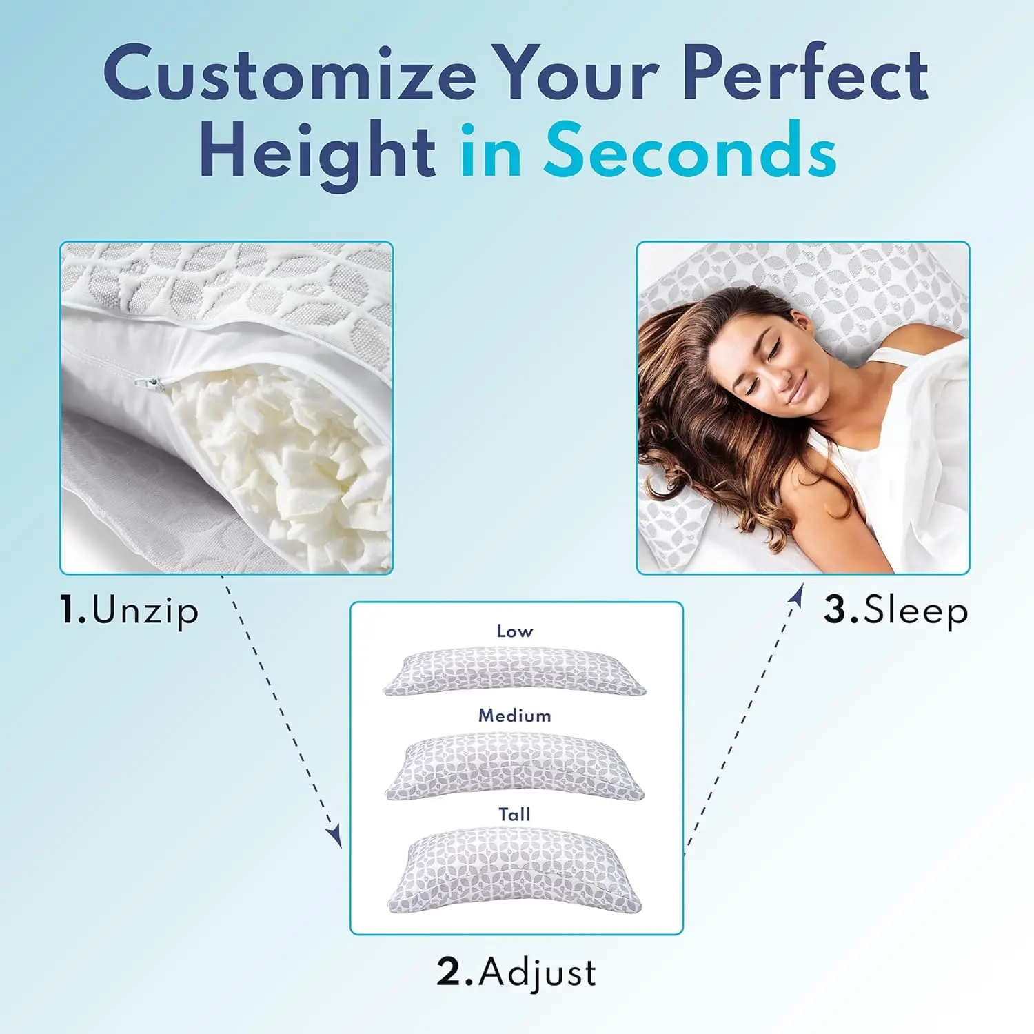Blissy Signature Adjustable Pillow - Crescent - For Side & Back Sleepers - Wake Up Pain-Free!