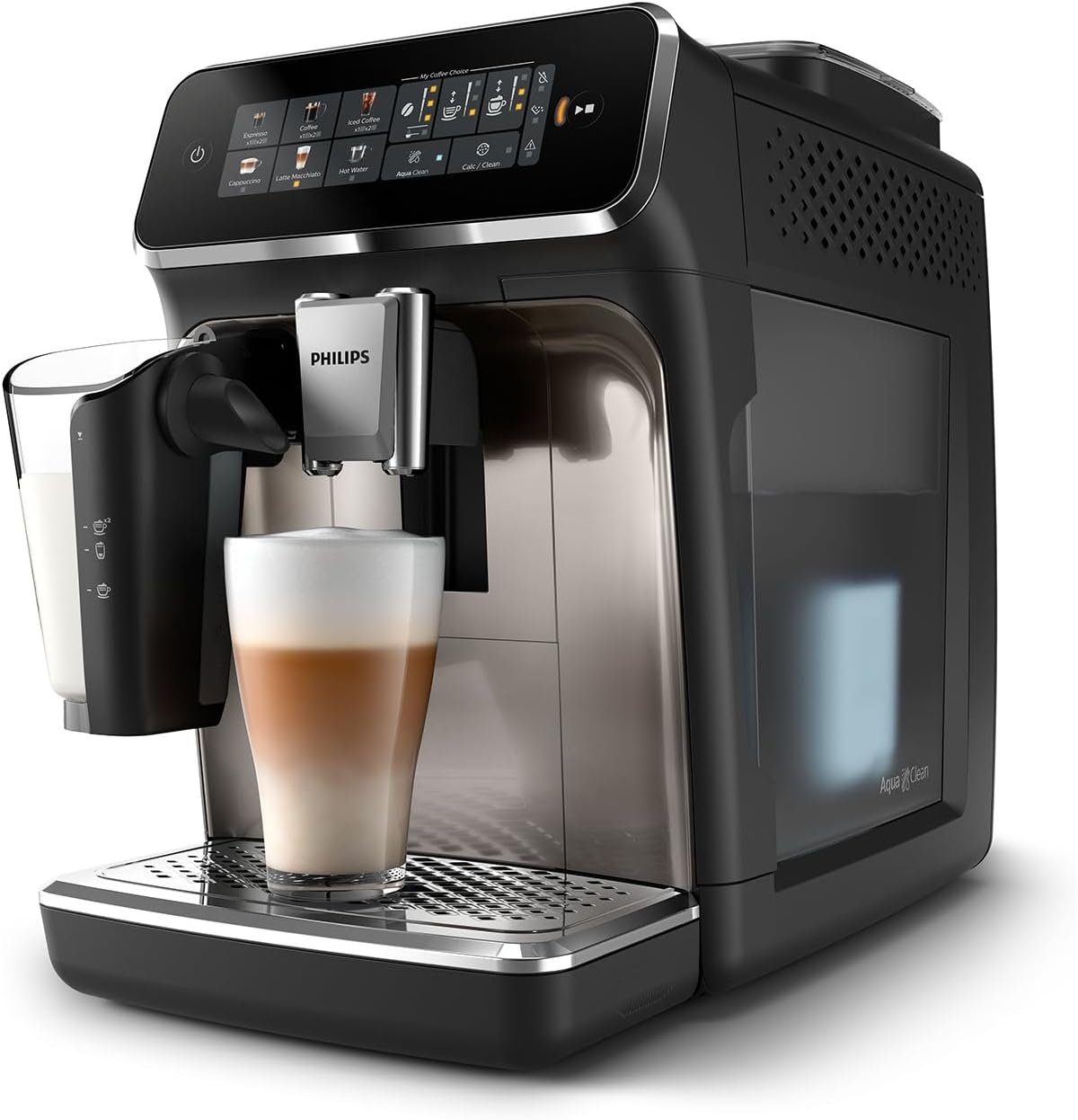 Serie 3300 Macchina da caffè automatica - 6 tipi di bevande, Display touch screen a colori, LatteGo, SilentBrew, Macinacaffè in ceramica al 100%, Filtro AquaClean. Cromato nero (EP3347/90)