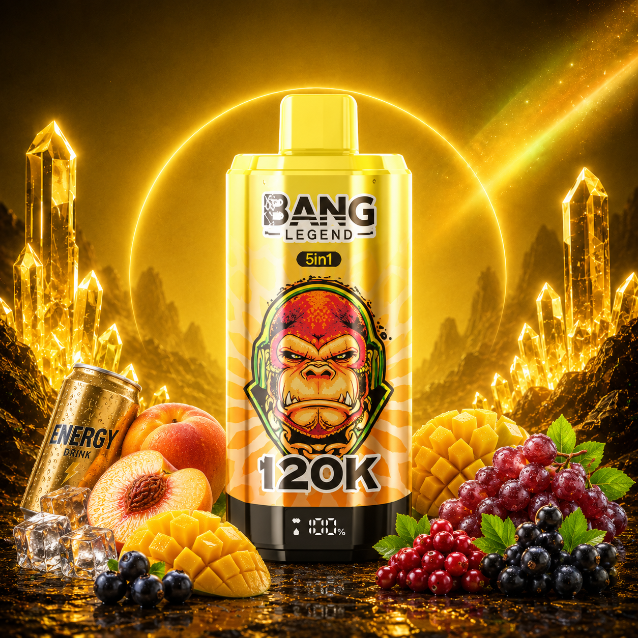 Energeťák + Ledová broskev + Ledové mango + Brusinka a hrozno + Černý rybíz | Bang Legend vape 120 000 potahů