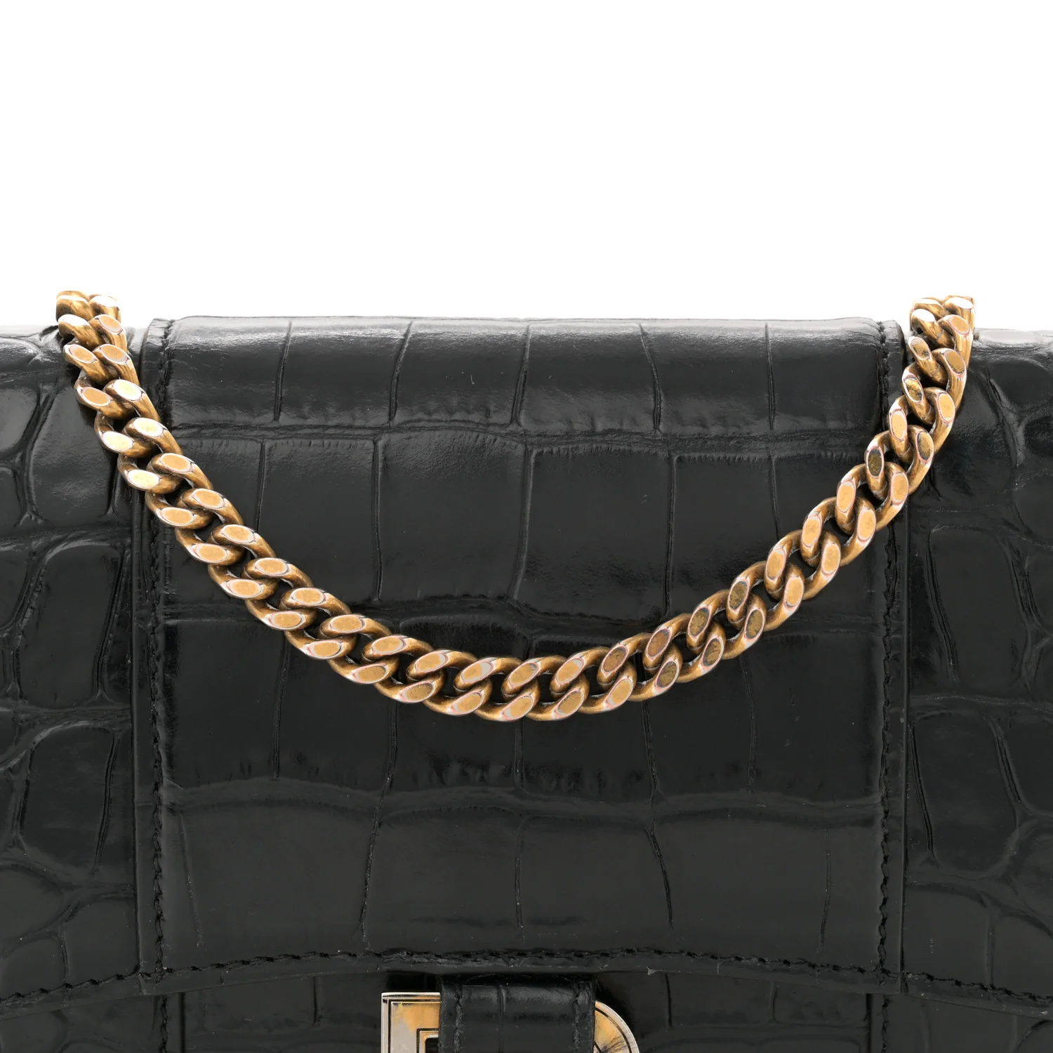 Shiny Calfskin Crocodile Embossed Hourglass Chain Bag Black - Top Club