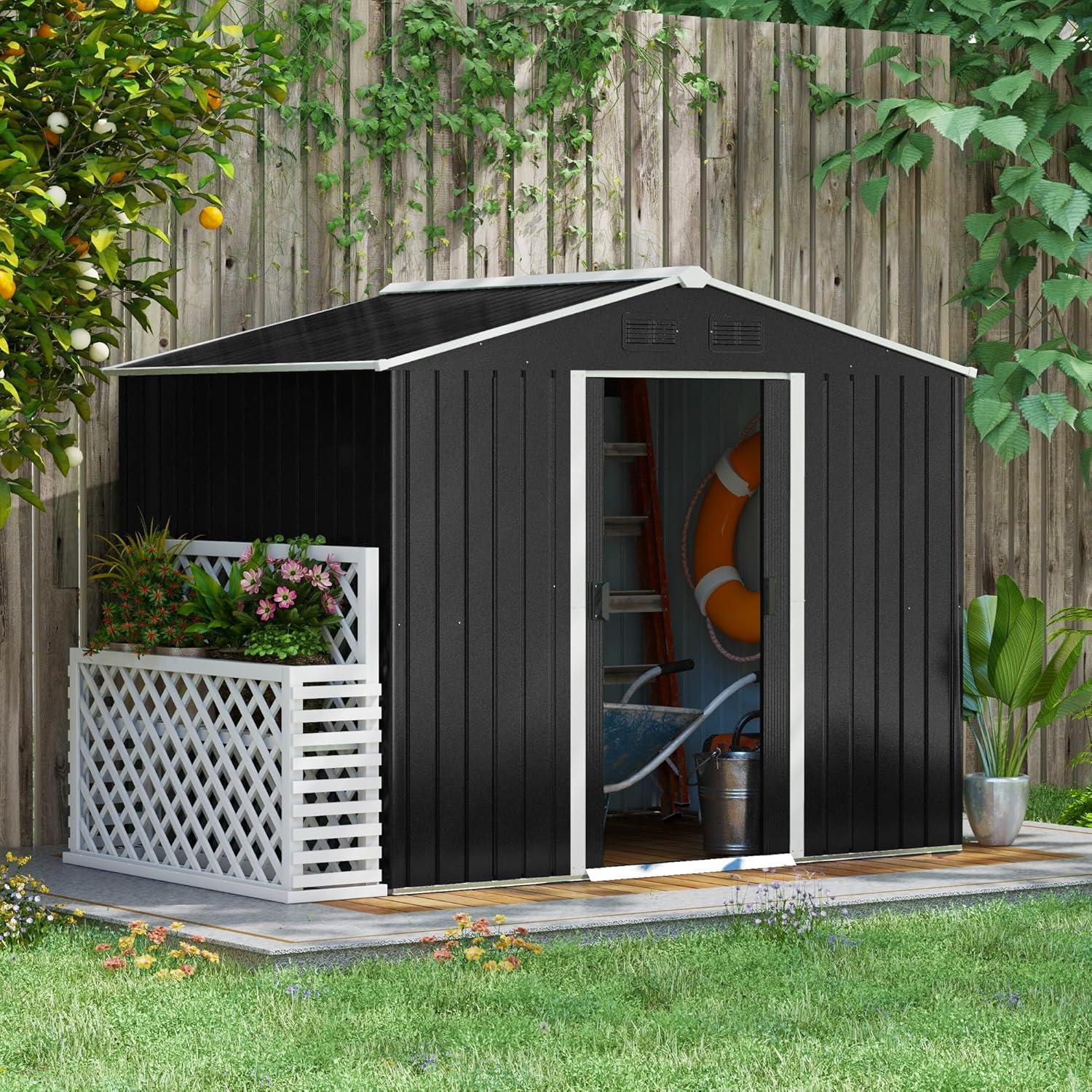 Outsunny Casetta da Giardino 3.6m² Porta Utensili in Lamiera di Acciaio, Capanno da Esterno Porta Attrezzi con 2 Porte Scorrevoli e 4 Prese di Ventilazione, 236x174x190 cm, Grigio Scuro