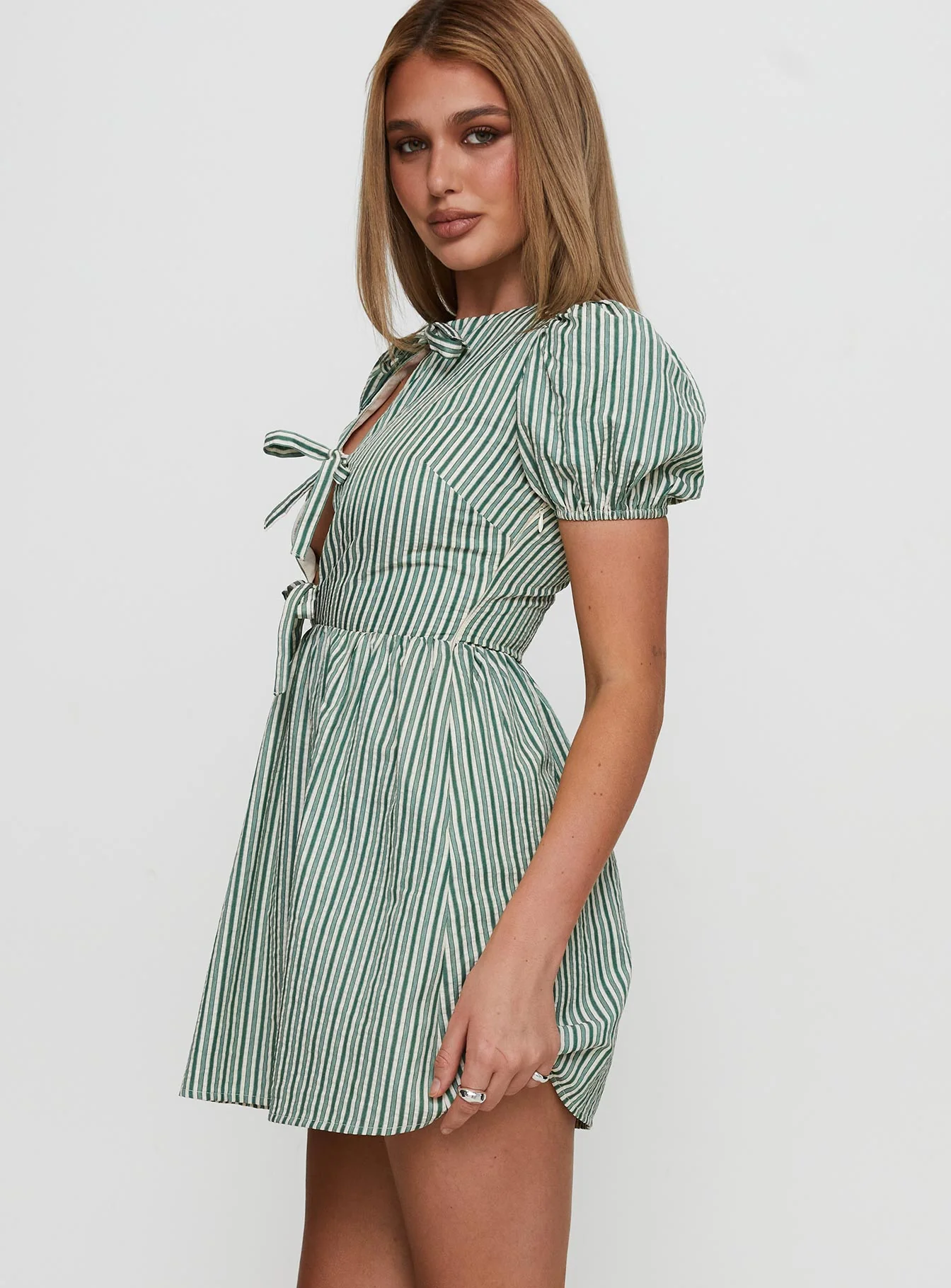 Nurture Bow Mini Dress Green Stripe
