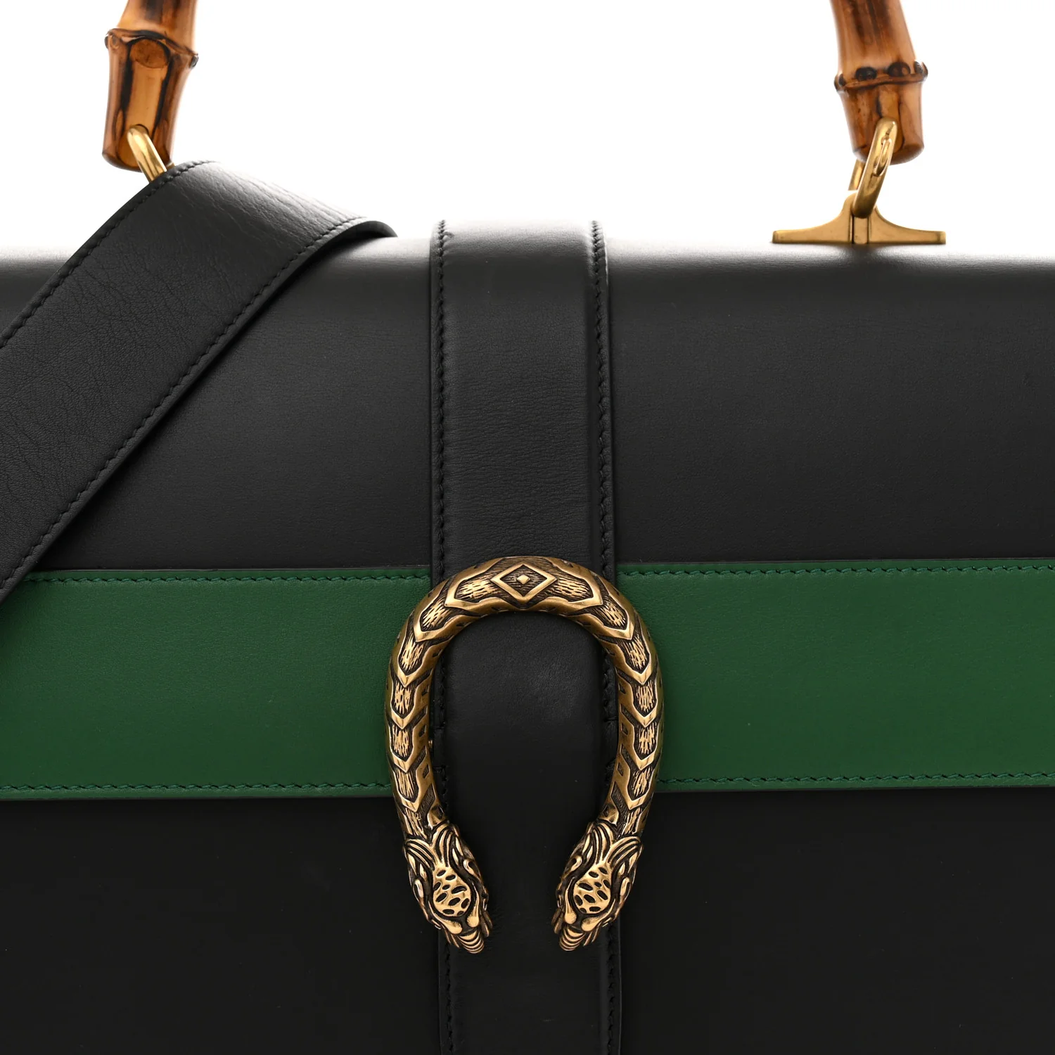 Calfskin Bamboo Web Large Dionysus Top Handle Bag Black Bright Evergreen Hibiscus Red - Top Club
