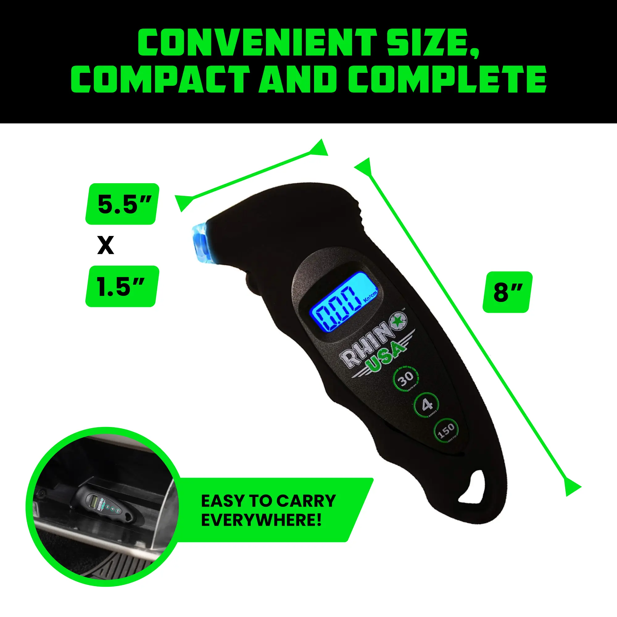 Rhino USA Digital Tire Pressure Gauge 150 PSI, 4 Ranges, Ergonomic Design with Lighted Nozzle & LCD Backlit Display - Certified Accurate Readings