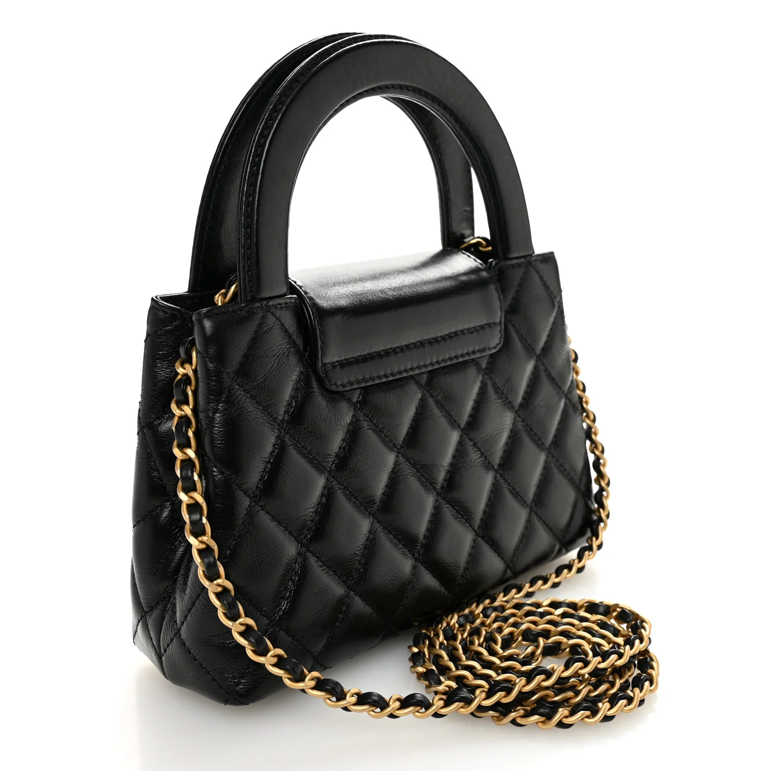 Shiny Aged Calfskin Quilted Nano Kelly Shopper Black - Top Club