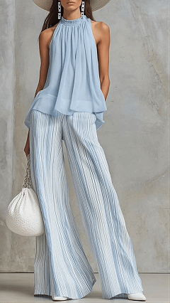 Women's Vacation-Style Outfit: Light Blue Chiffon Sleeveless Top & Striped Wide-Leg Pants Set - Nordfashionstorm - Women's Clothing, Fashion for You - Nordfashionstorm.com