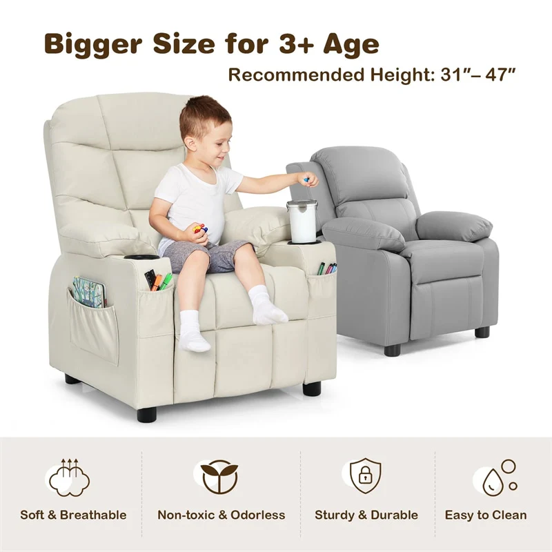 Kids Recliner Chair PU Leather Adjustable Lounge Sofa with Cup Holder, 3 Pockets & Retractable Footrest, Ergonomic Toddler Furniture Sofa