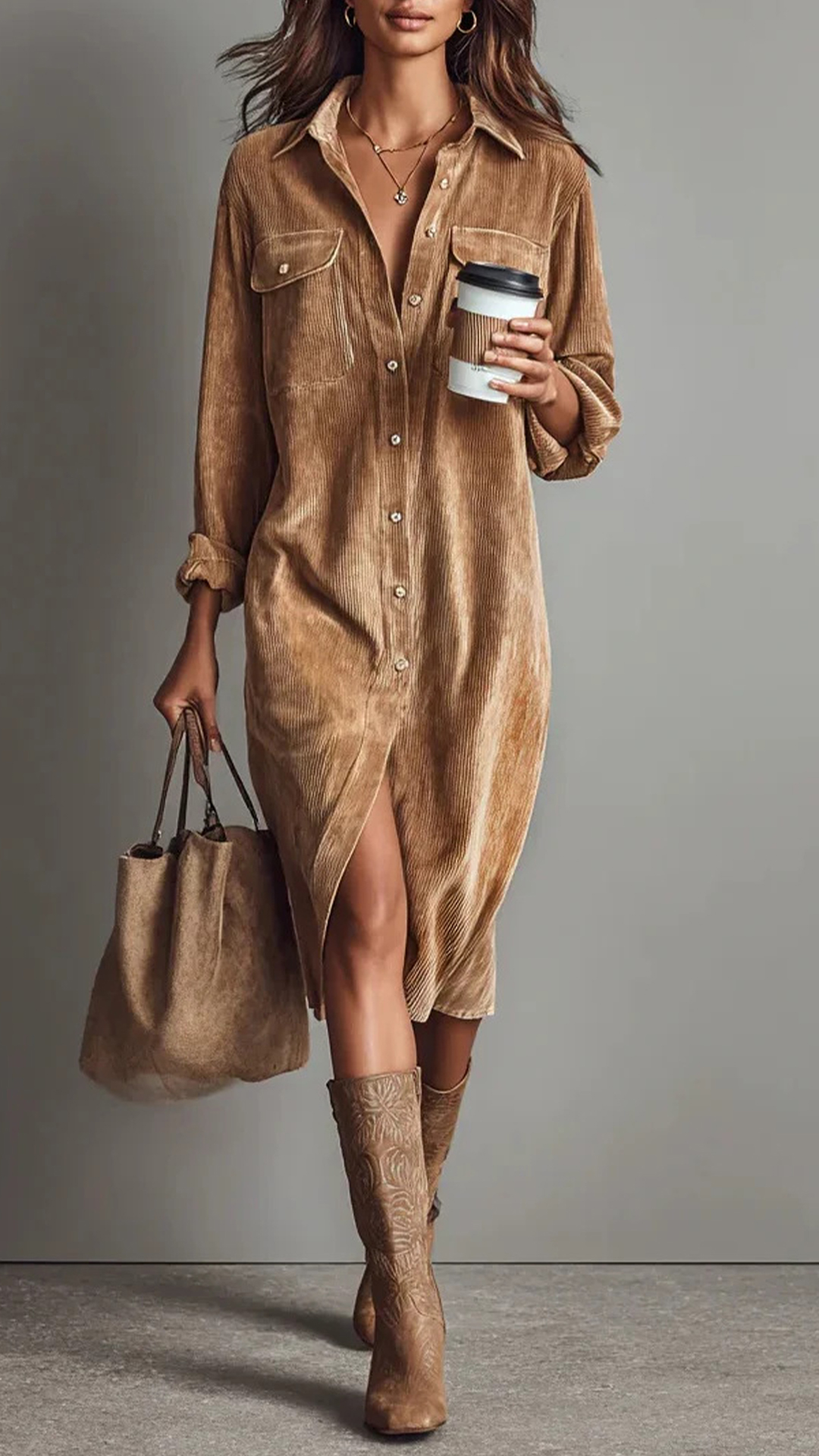 Women's Solid color corduroy long sleeved lapel shirt loose long skirt - Nordfashionstorm - Women's Clothing, Fashion for You - Nordfashionstorm.com