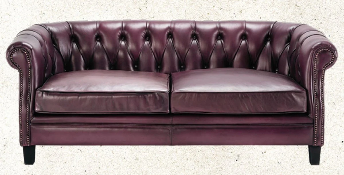 Luxury Chesterfield genuine leather sofa purple / black 160 cm - genuine leather furniture