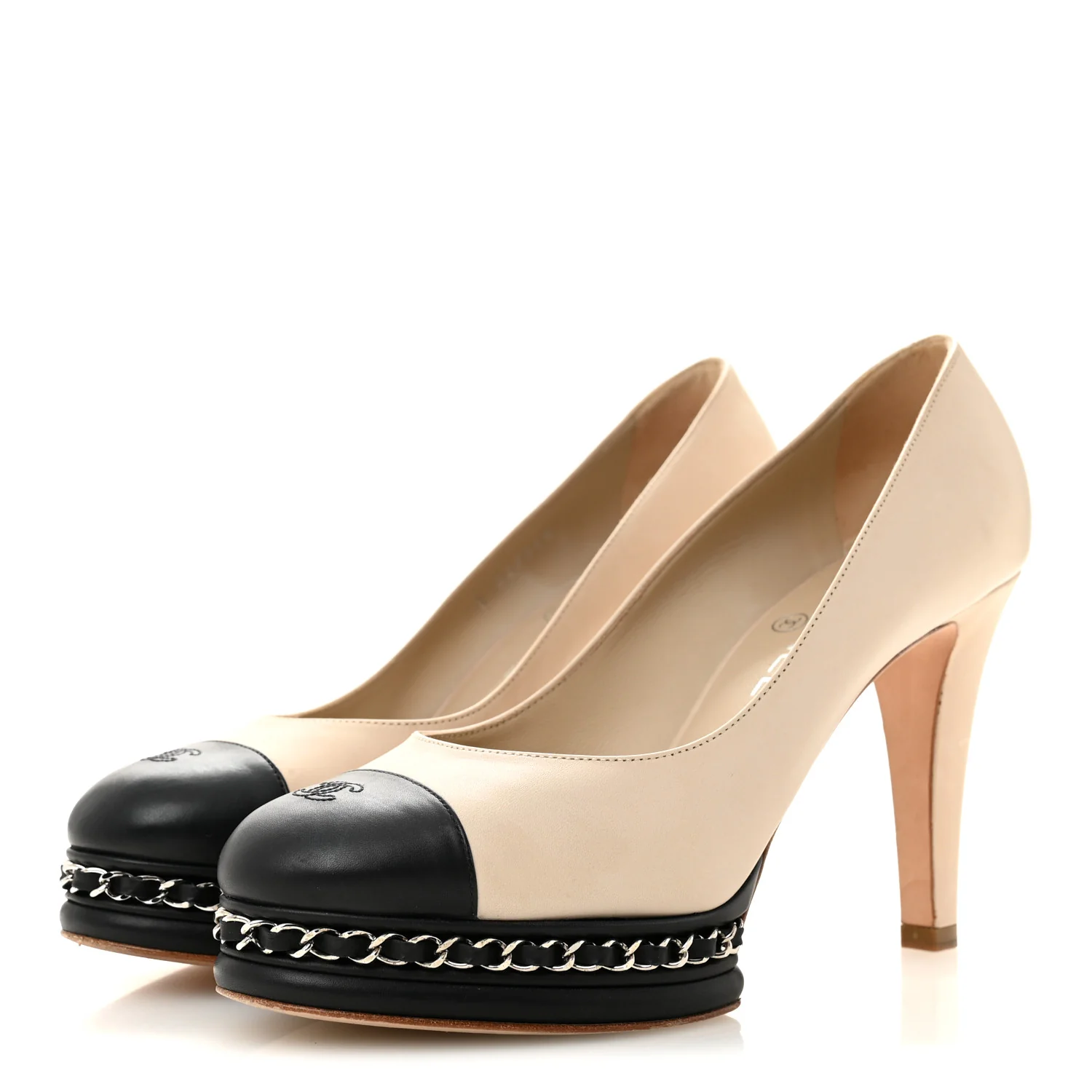 Calfskin CC Cap Toe Platform Chain Pumps 39 Beige Black - Top Club