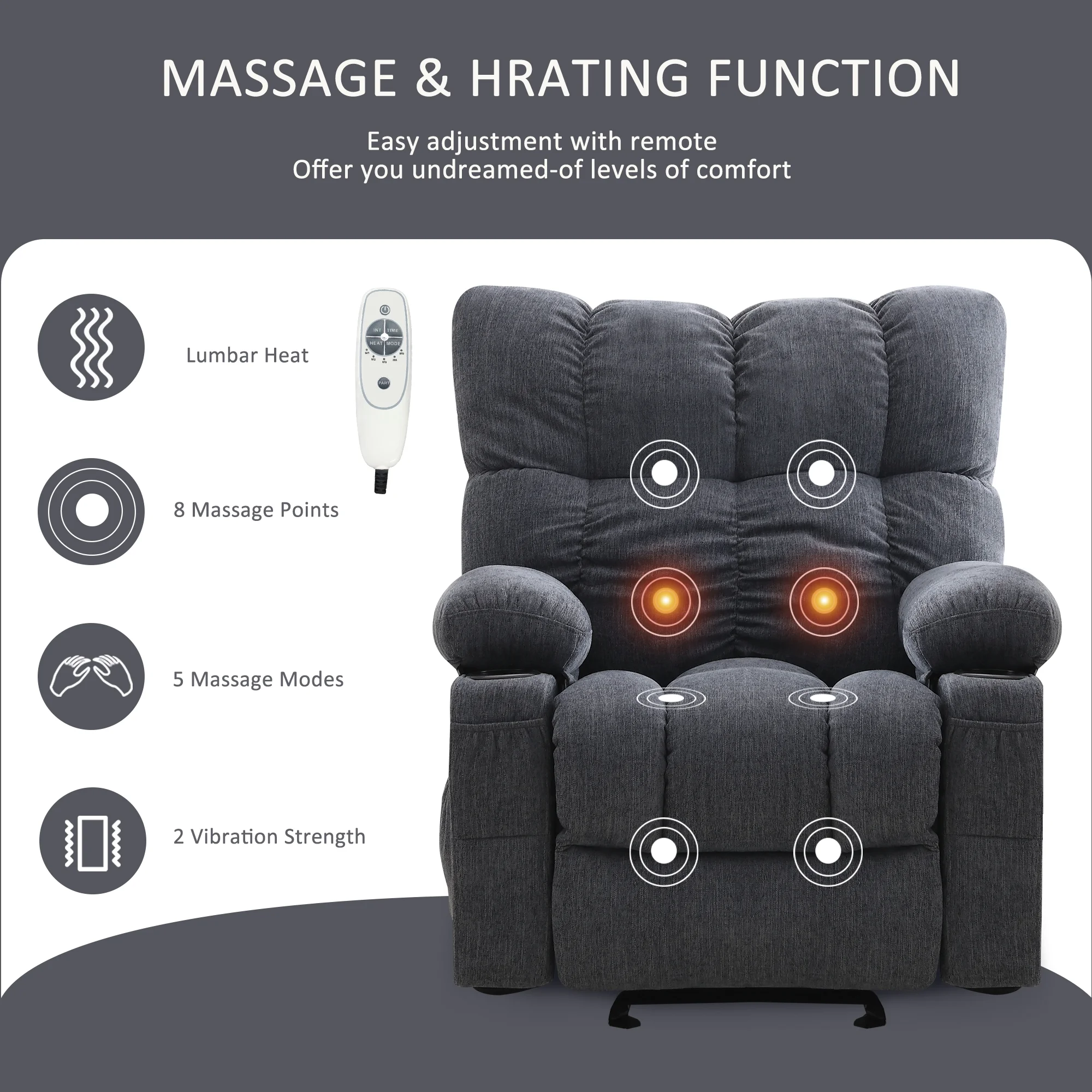 JONPONY Manual Recliner Chair with Heat Therapy and Massage Function, Heavy Duty Reclining Mechanism Massage Chair, Elderly Single Rocker Sofa with Cup Holders for Bedroom Home Theater, Grey