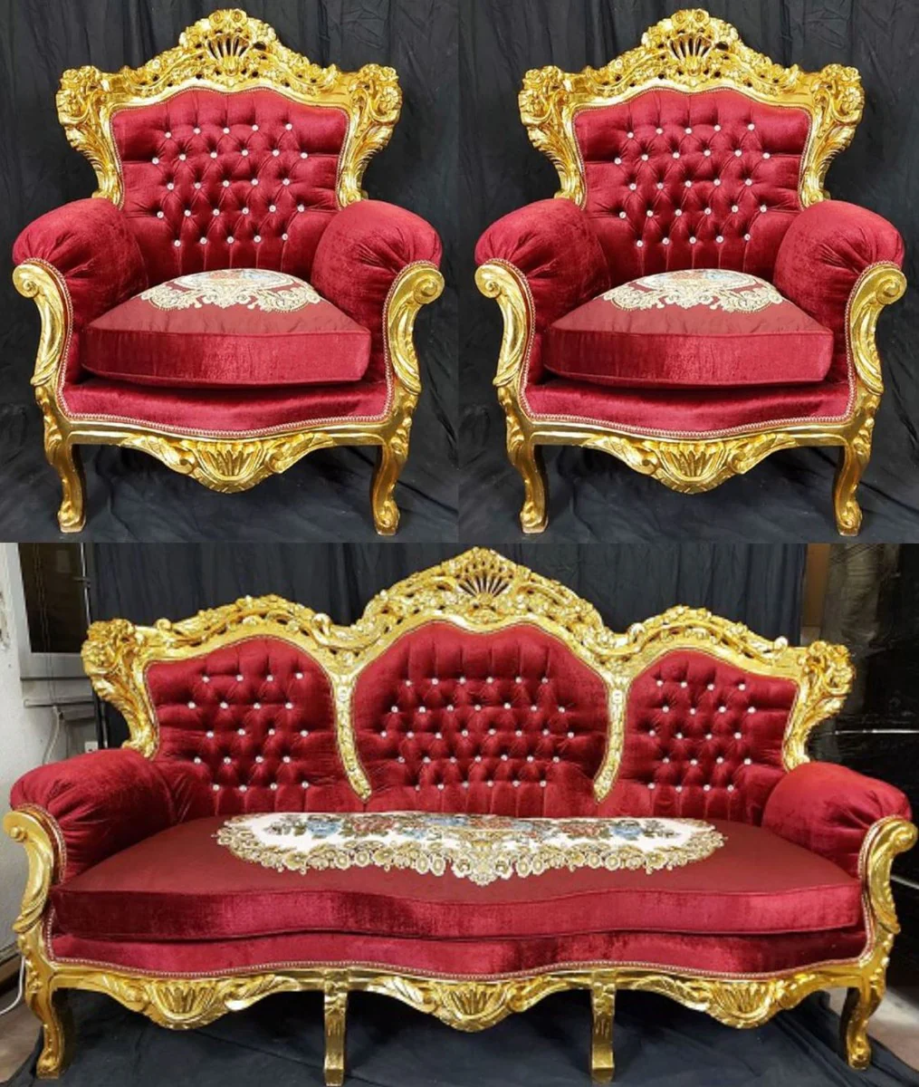 Baroque living room set burgundy red / multicolored / gold - 1 baroque sofa & 2 baroque armchairs - living room furniture in baroque style - baroque furniture - baroque living room furnishings