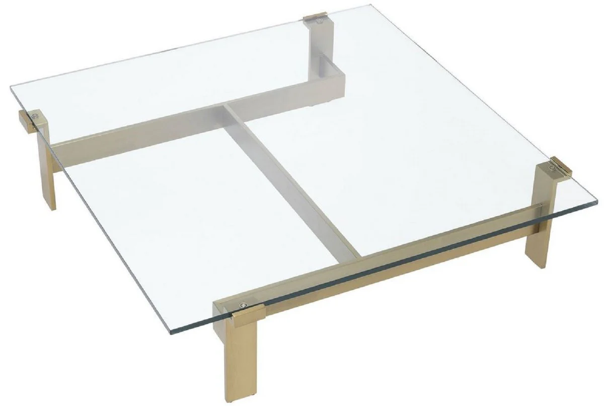 Luxury coffee table brass colored 120 x 120 x H. 30 cm - Square stainless steel living room table with glass top - Living room furniture - Luxury quality