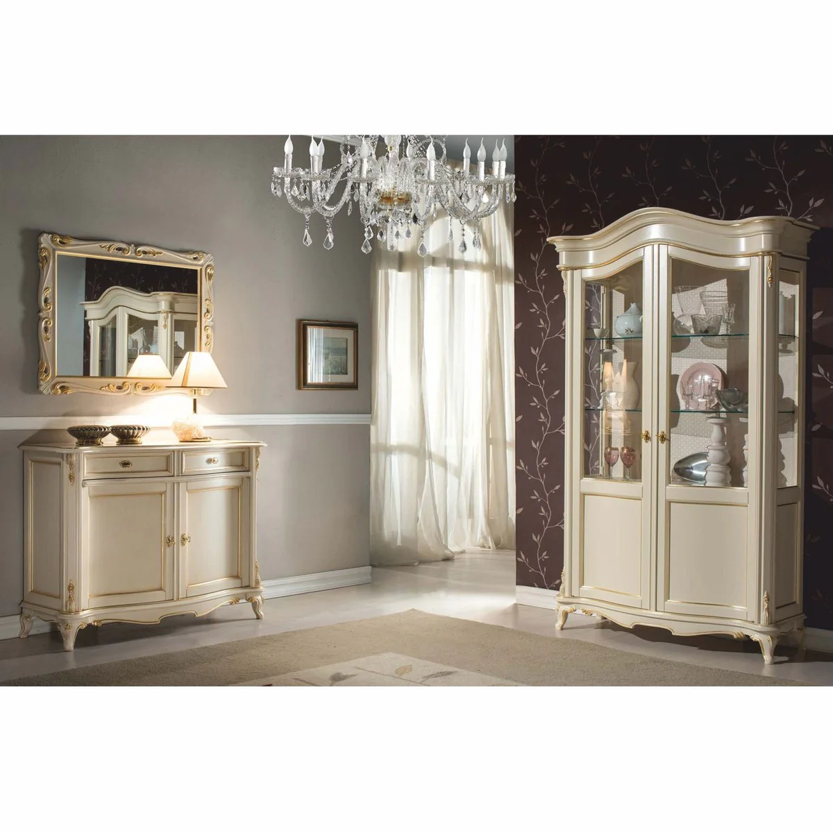 Luxus Barock Vitrine Creme / Gold H. 211 cm - Barock Möbel - Made in Italy