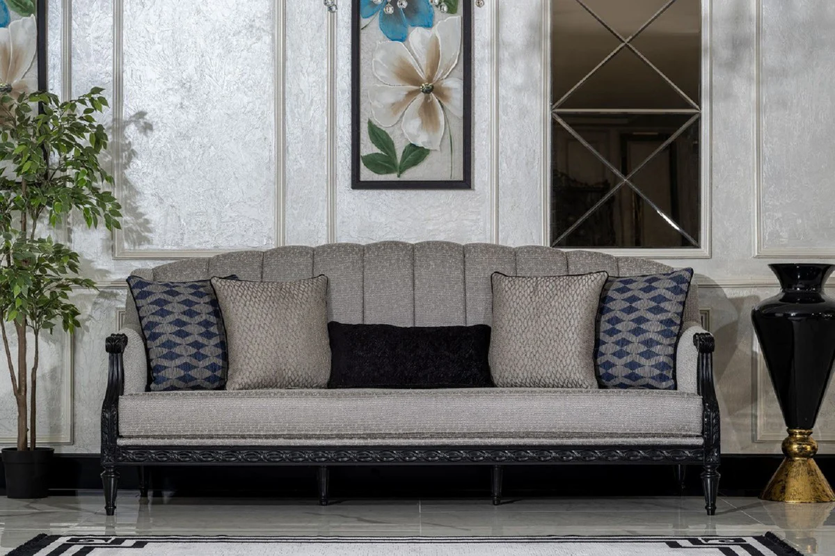 Luxury Baroque Living Room Set Silver / Black - 2 Sofas & 2 Armchairs & 1 Coffee Table & 2 Side Tables - Handcrafted Living Room Furniture in Baroque Style - Noble & Magnificent
