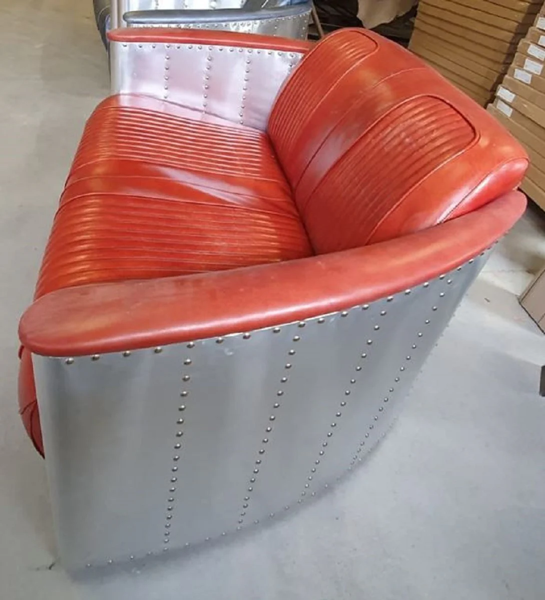 Luxury Art Deco leather sofa red / silver 172 x 70 x H. 82 cm - aluminum living room sofa with real leather - aluminum airplane aviator sofa furniture