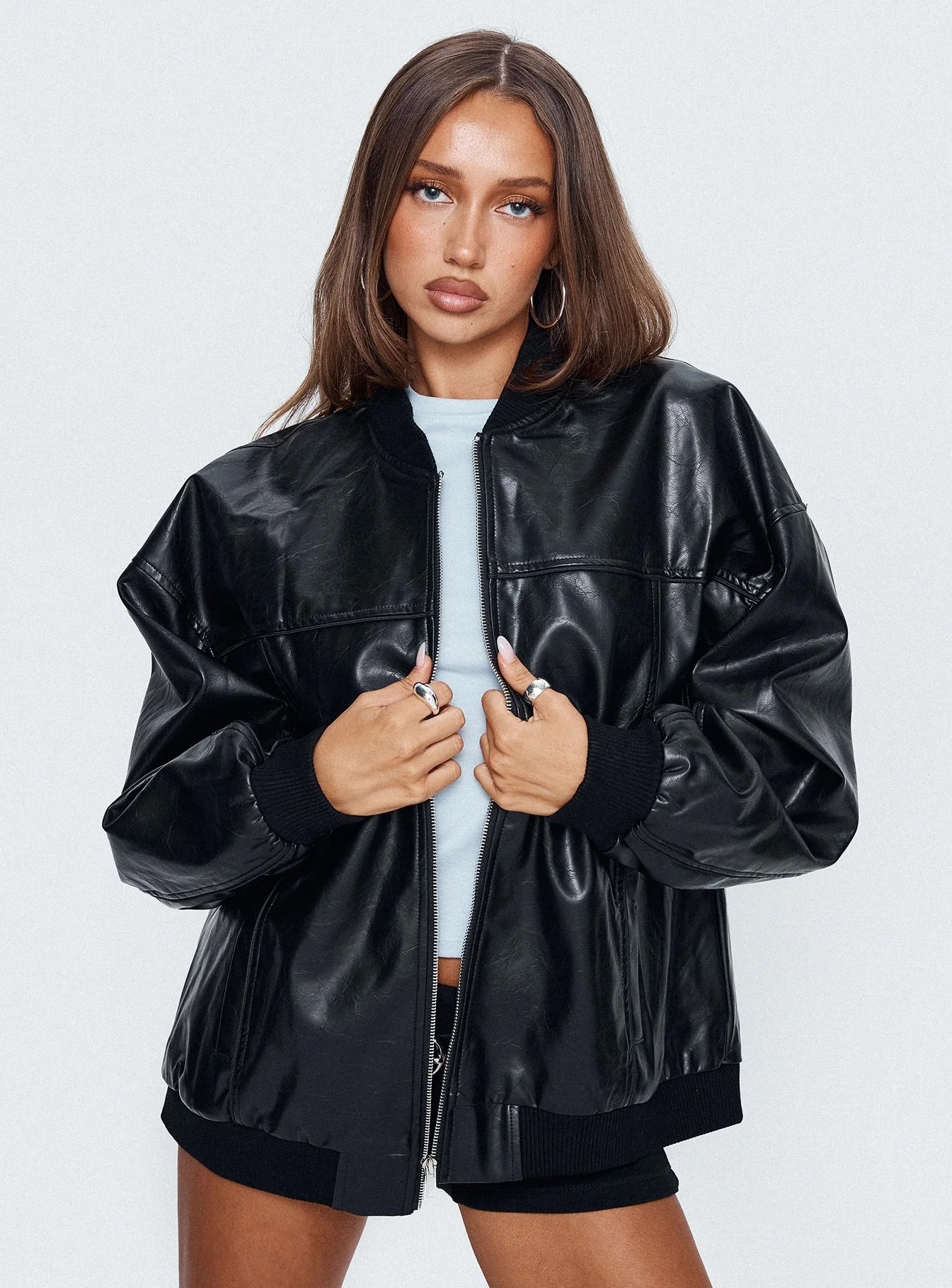 Believe It Faux Leather Bomber Jacket Black