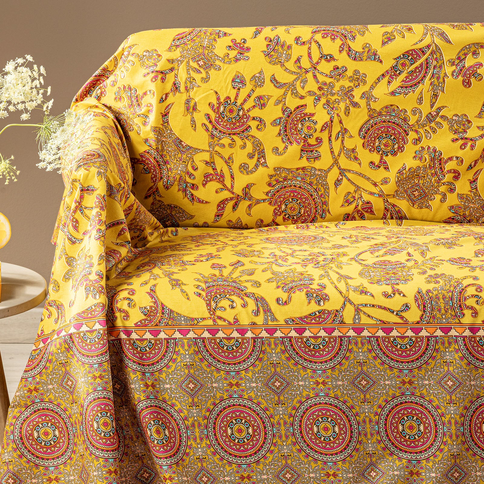 Telo Arredo Copridivano Grandecor In Cotone Milos Matrimoniale Oro Caleffi