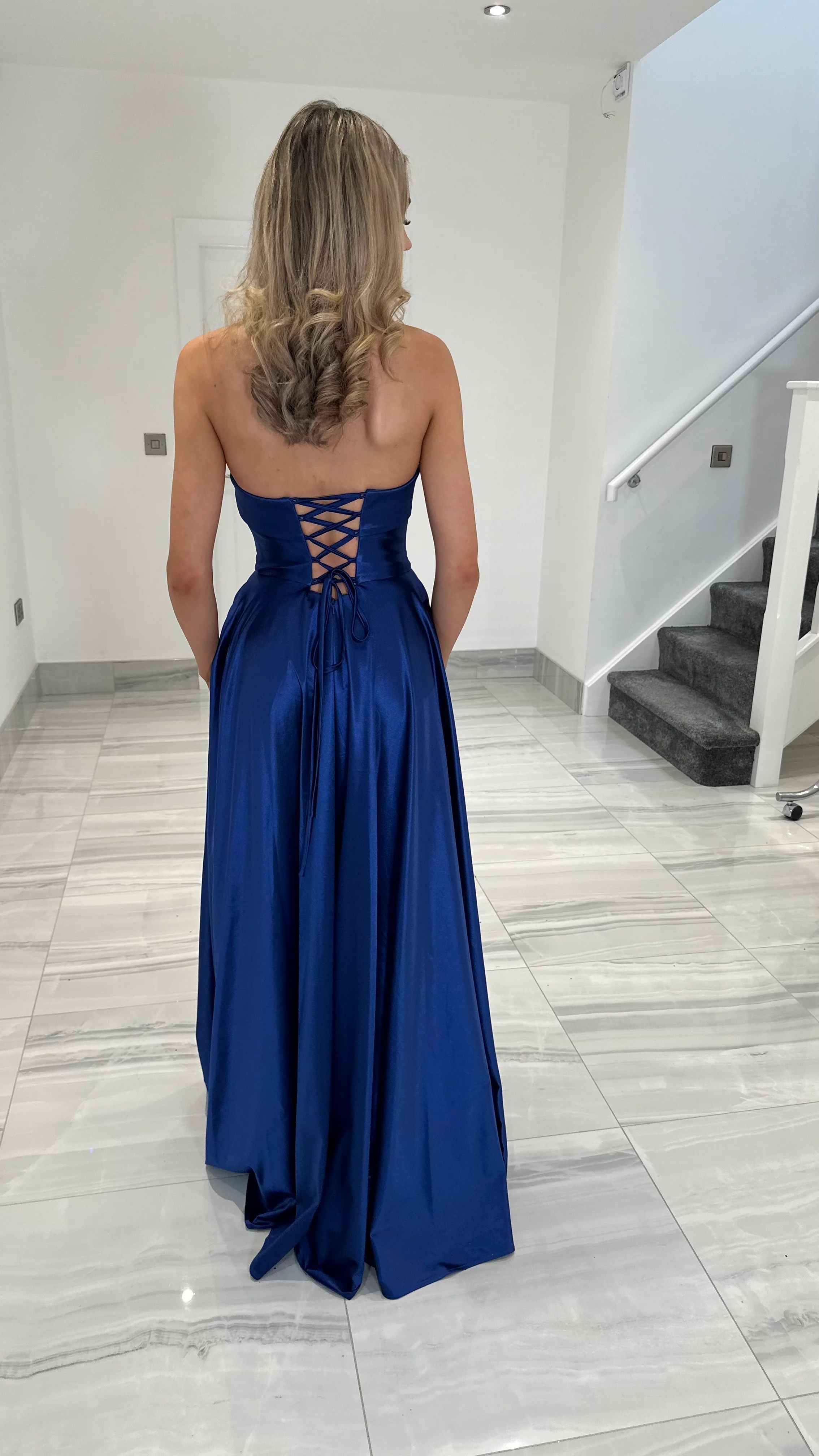 Navy Satin A-line Strapless Gown