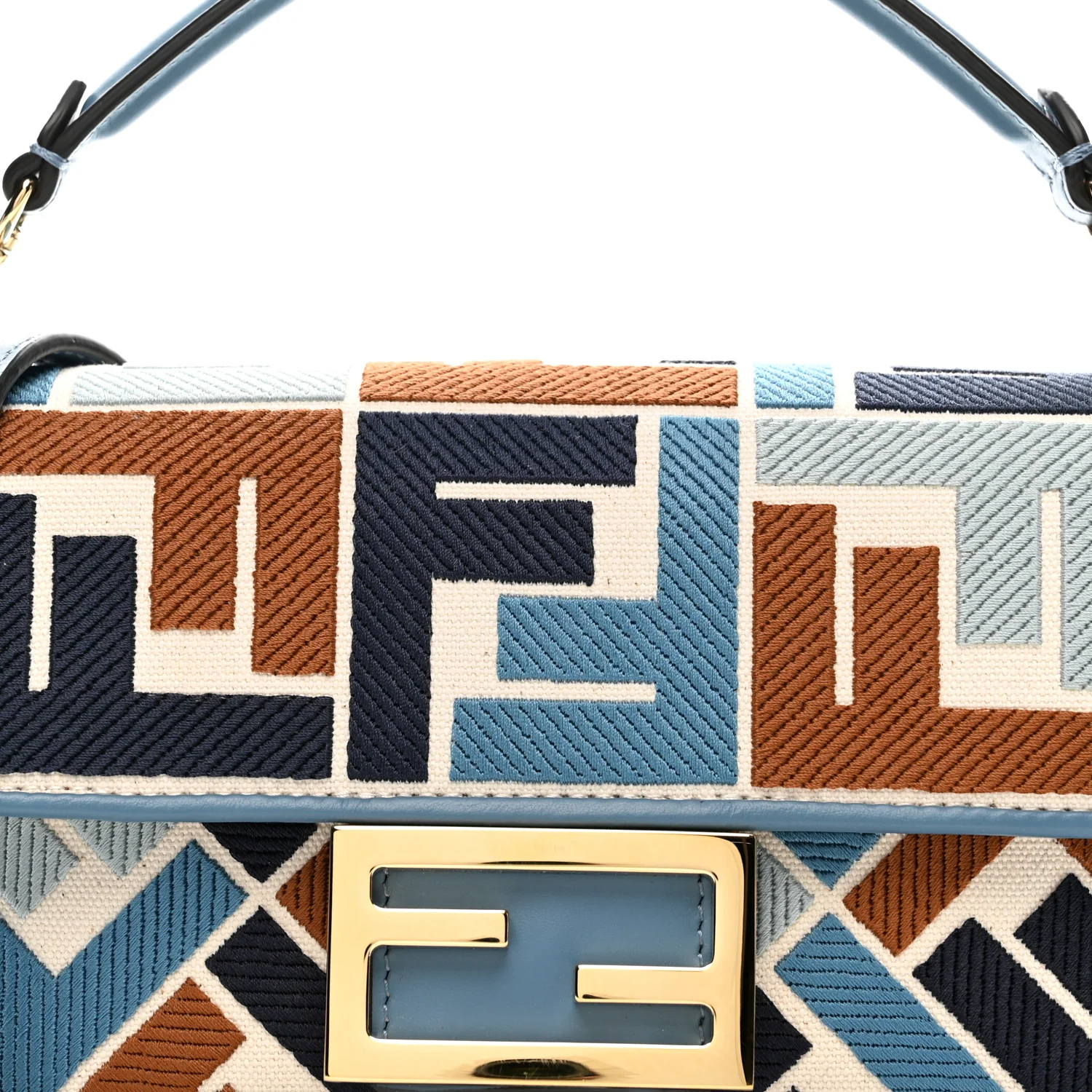 Canvas Vitello King Seta FF Embroidered Mini Baguette Blue Multicolor - Top Club