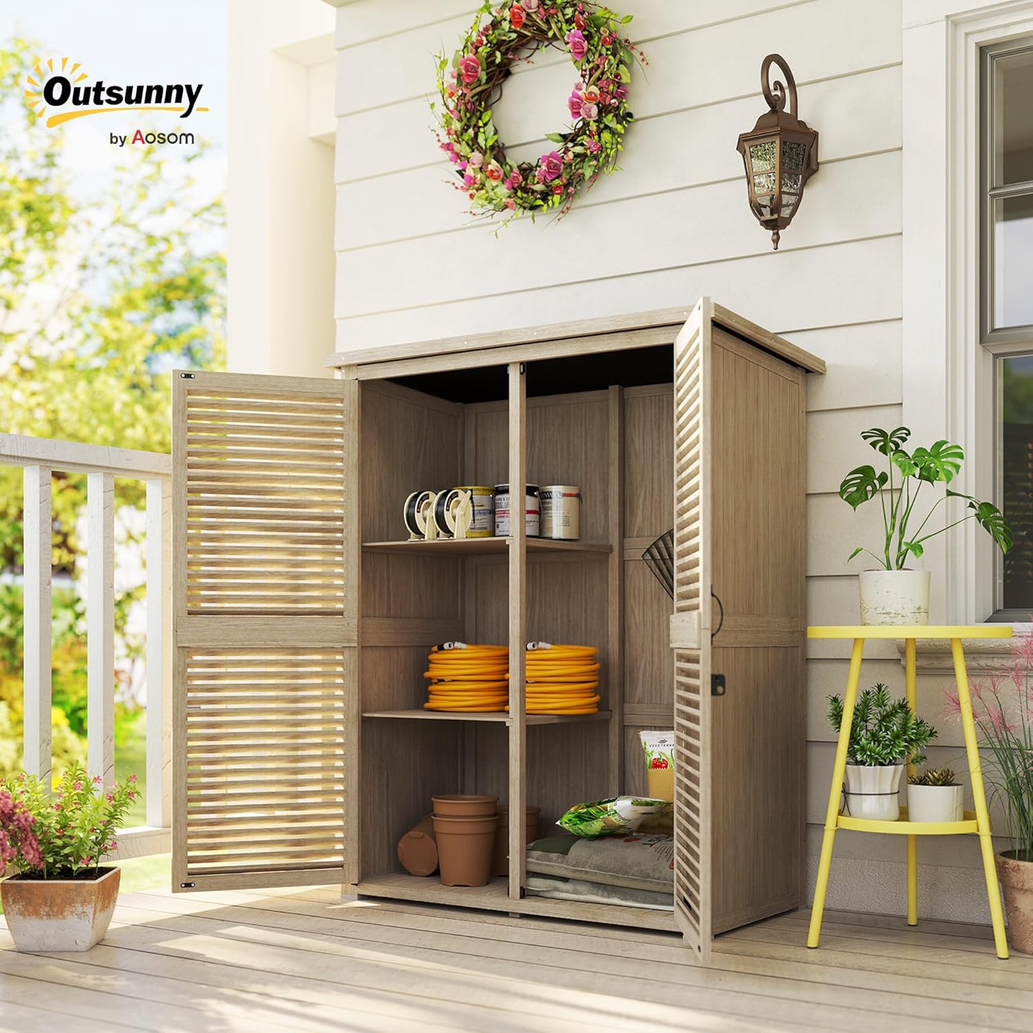 Outsunny Armadio da Giardino Portaoggetti a 2 Ripiani con Picchetti, Casette da Giardino in Legno di Abete con Tetto in Asfalto Impermeabile, 127x65x159.5/168 cm, Color Legno