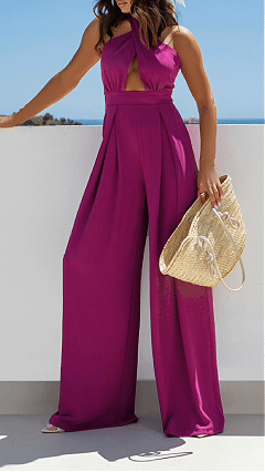 Women's Magenta Halter Neck Cutout Wide-Leg Jumpsuit - Nordfashionstorm - Women's Clothing, Fashion for You - Nordfashionstorm.com