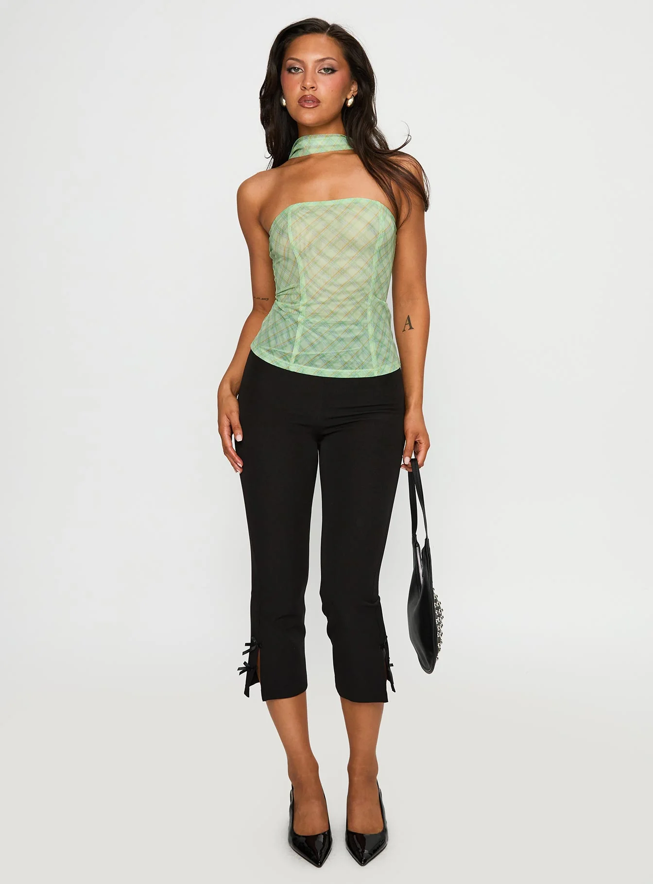 No Comparison Neck Tie Strapless Top Green Check