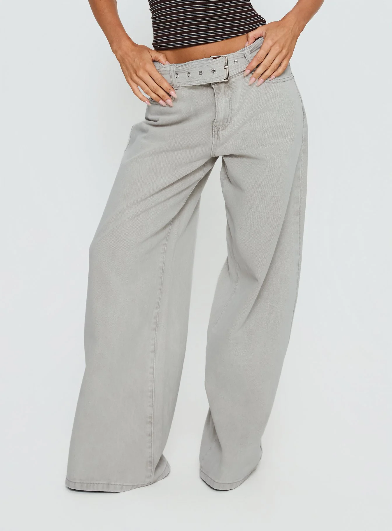 Katlin Mid Rise Wide Leg Buckle Detail Jeans Grey Wash