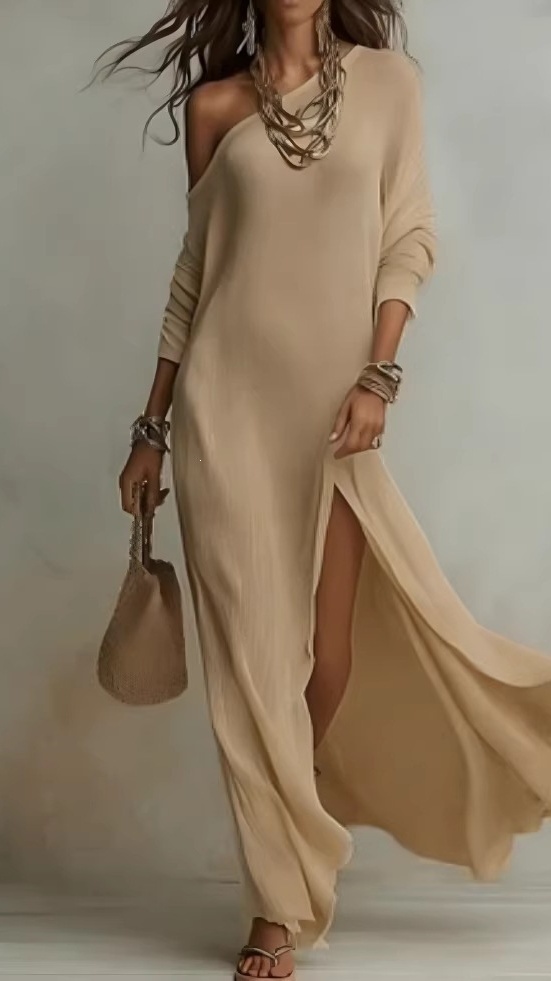 Women's Elegant Long-Sleeve Knitted Dress with Pleats and Slit - Nordfashionstorm - Women's Clothing, Fashion for You - Nordfashionstorm.com