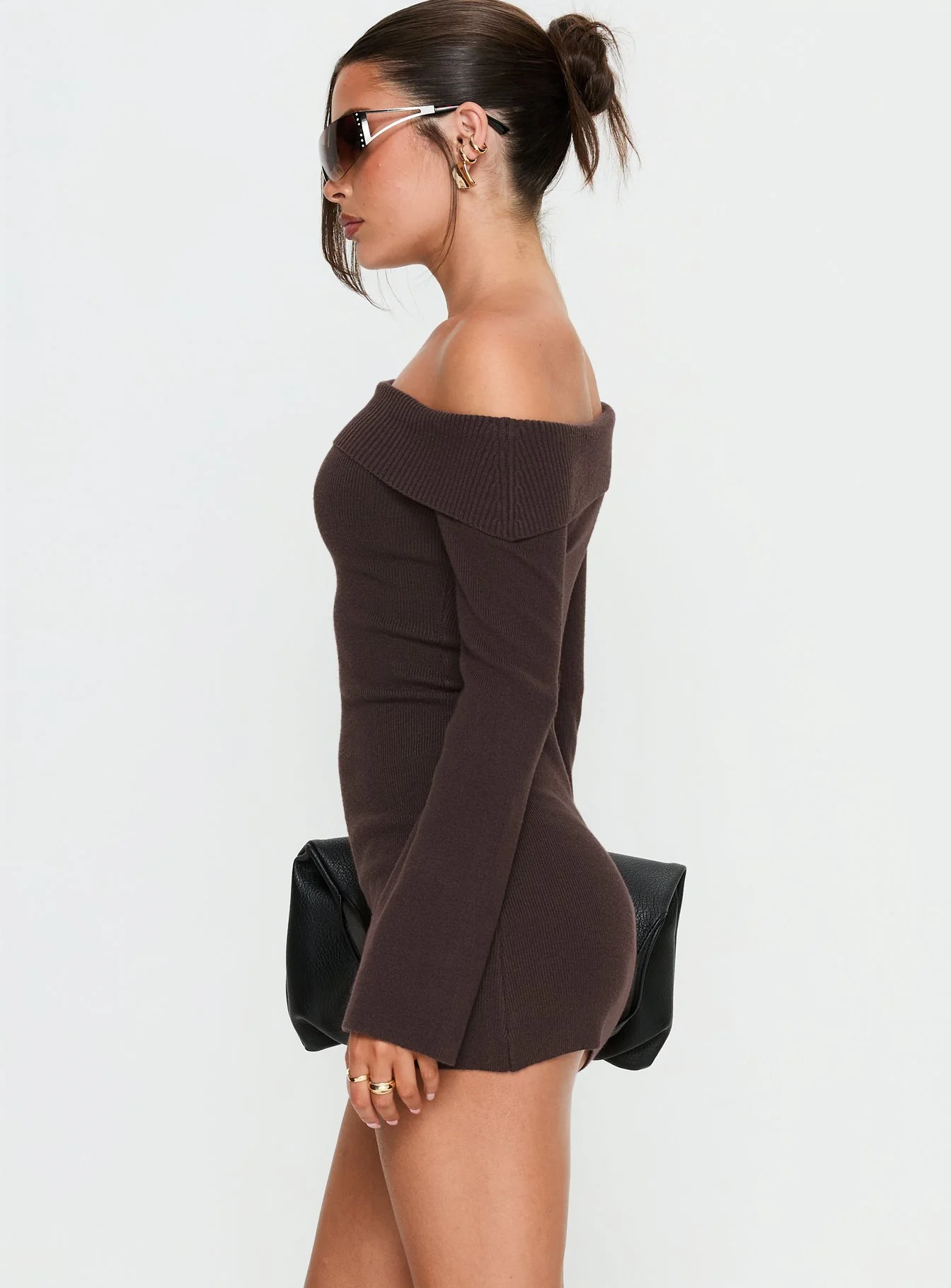 Sina Off Shoulder Mini Dress Chocolate
