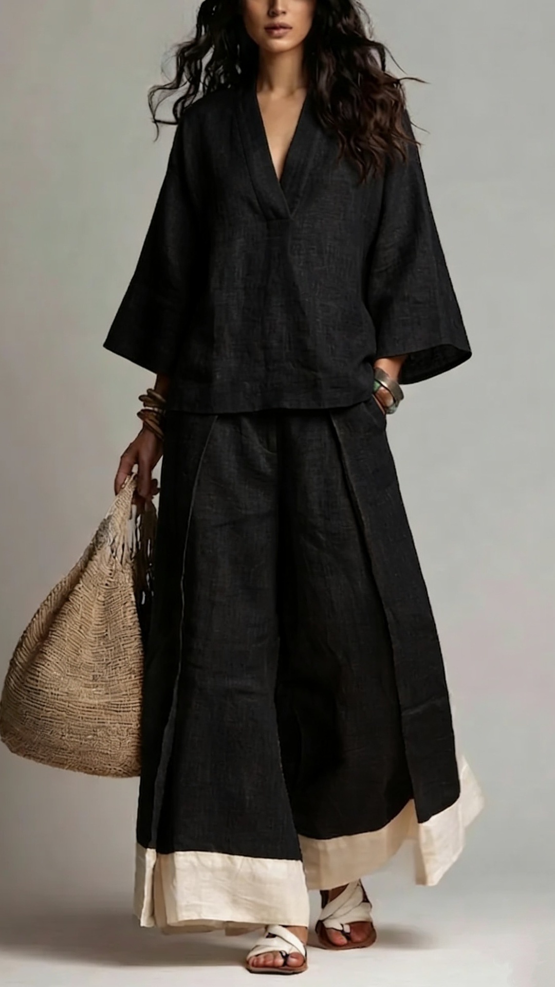 Women's Cotton-Linen French-Style V-Neck 3/4-Sleeve Shirt & Contrast Wide-Leg Pants Set - Nordfashionstorm - Women's Clothing, Fashion for You - Nordfashionstorm.com