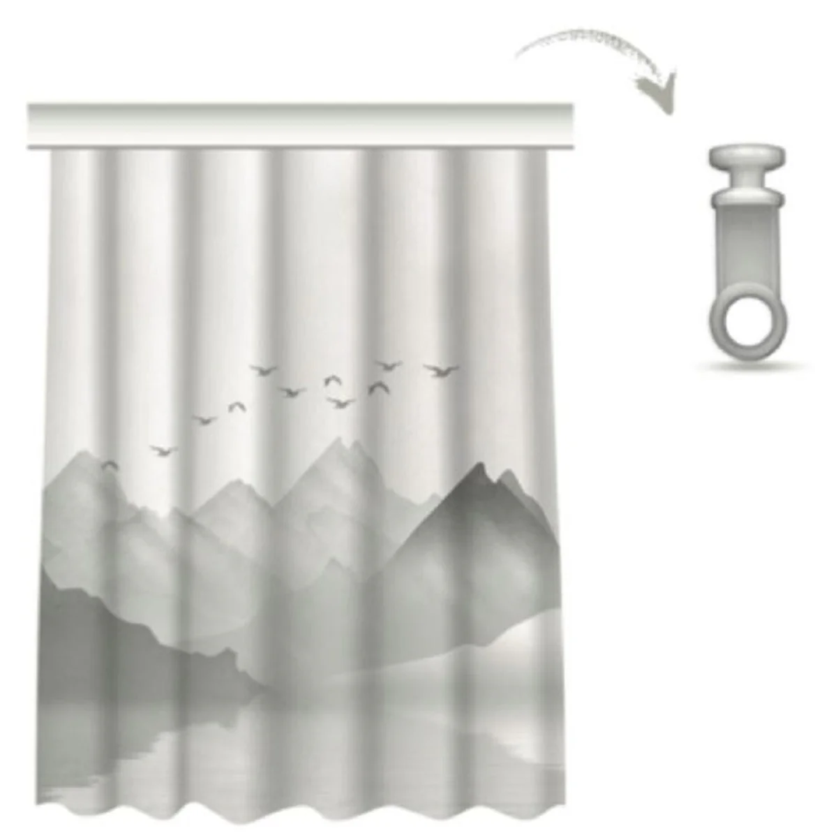Luxury curtain set mountains with lake gray 250 x H. 290 cm - Printed linen & velvet curtains - Eyelet curtains - Sliding curtains - Elegant living room bedroom curtains