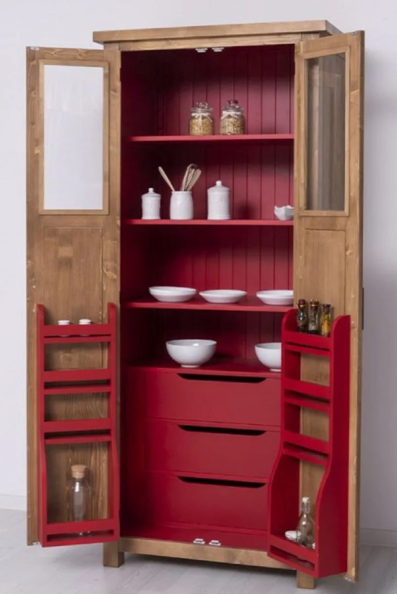 Country house style dining room cabinet natural colors / red 96 x 65 x H. 220 cm - solid wood kitchen cabinet with 2 doors - dining room furniture in country house style - country house style dining room furnishings