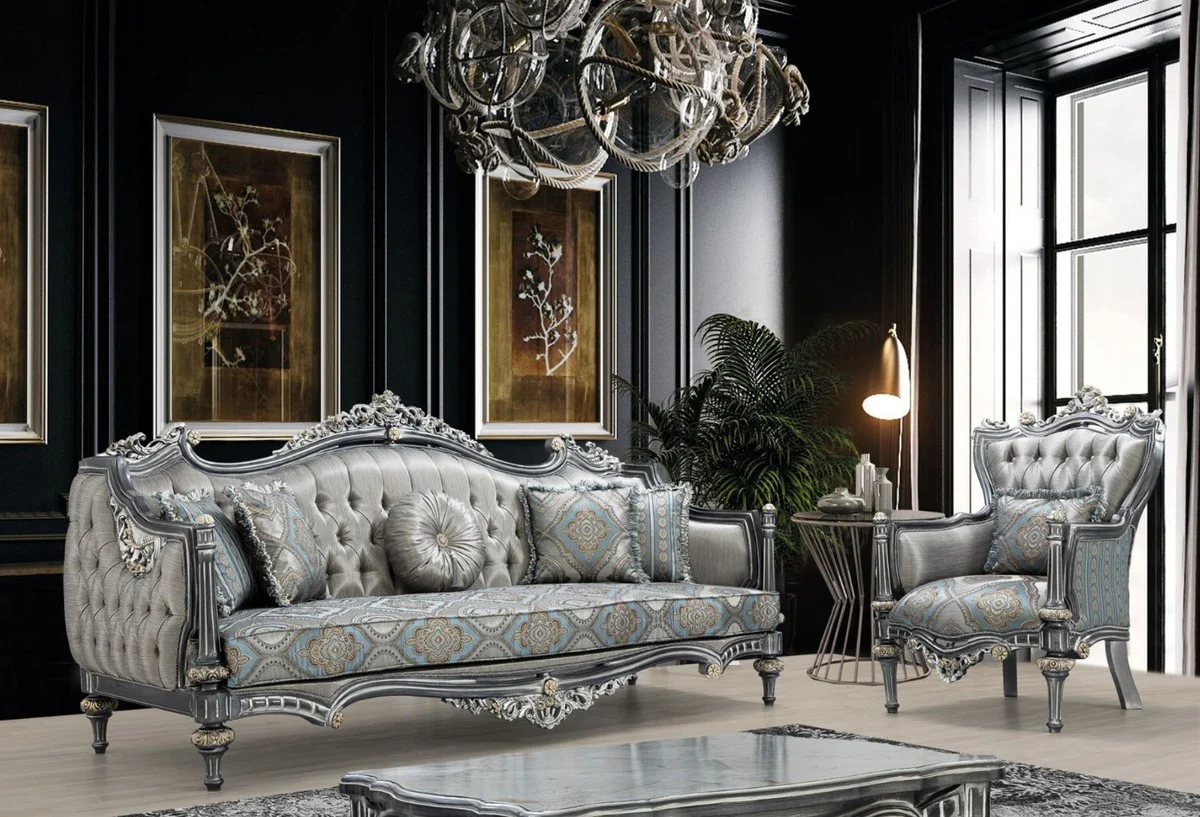 Luxury baroque living room set silver / turquoise / gold - 2 sofas & 2 armchairs & 1 coffee table - living room furniture in baroque style - noble & magnificent