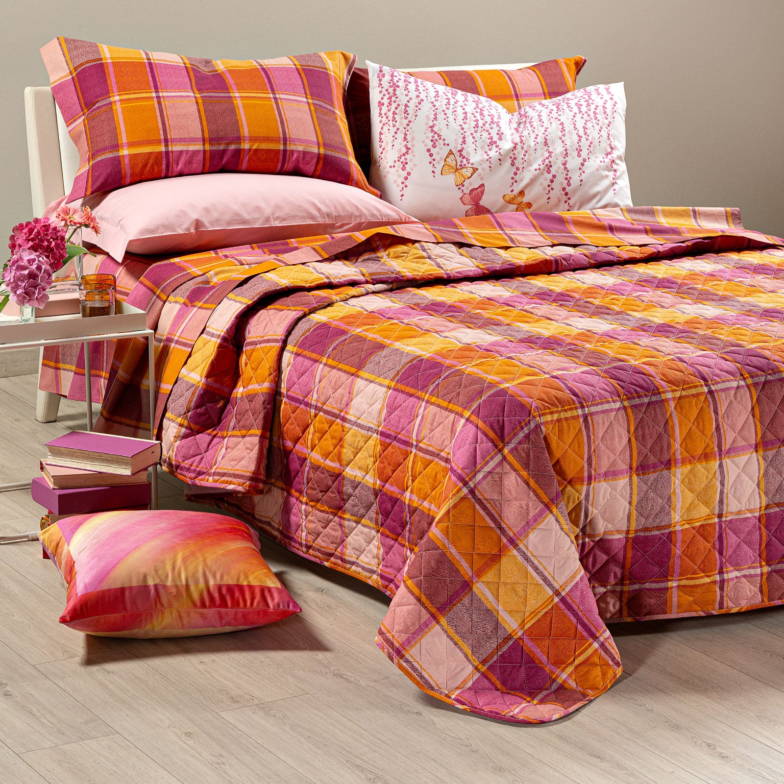 Quilted cotton bedspread single coral caleffi